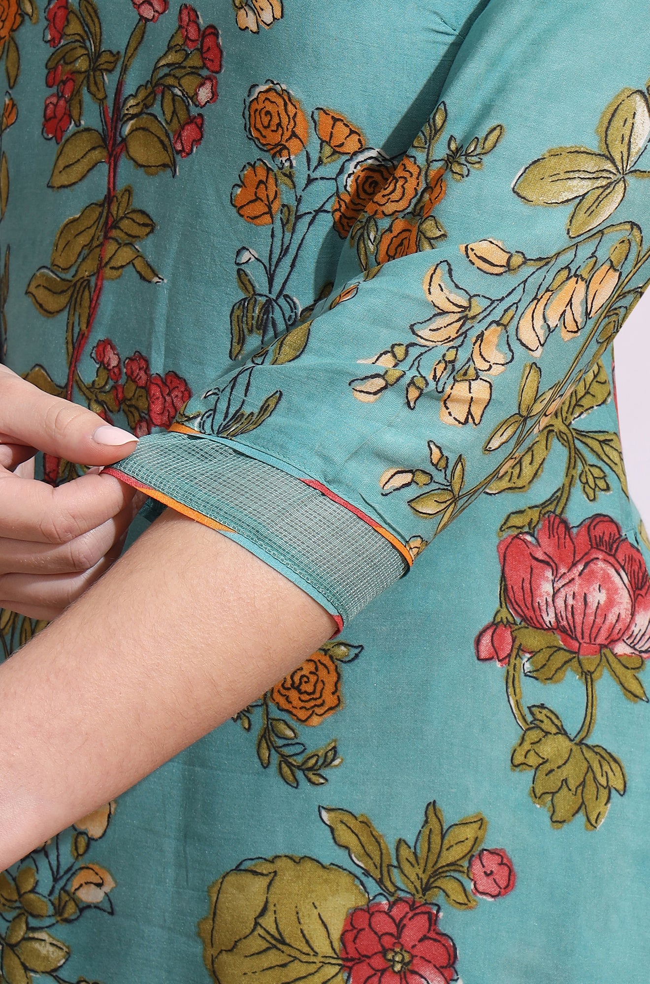 Reef Blue Floral Printed Modal Straight Kurta, Pants and Dupatta Set - Image 8