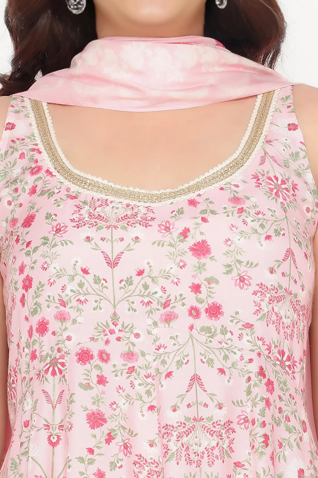 Rose Pink Printed Shantung Flared Kurta, Parallel Pant and Dupatta Set - Image 2