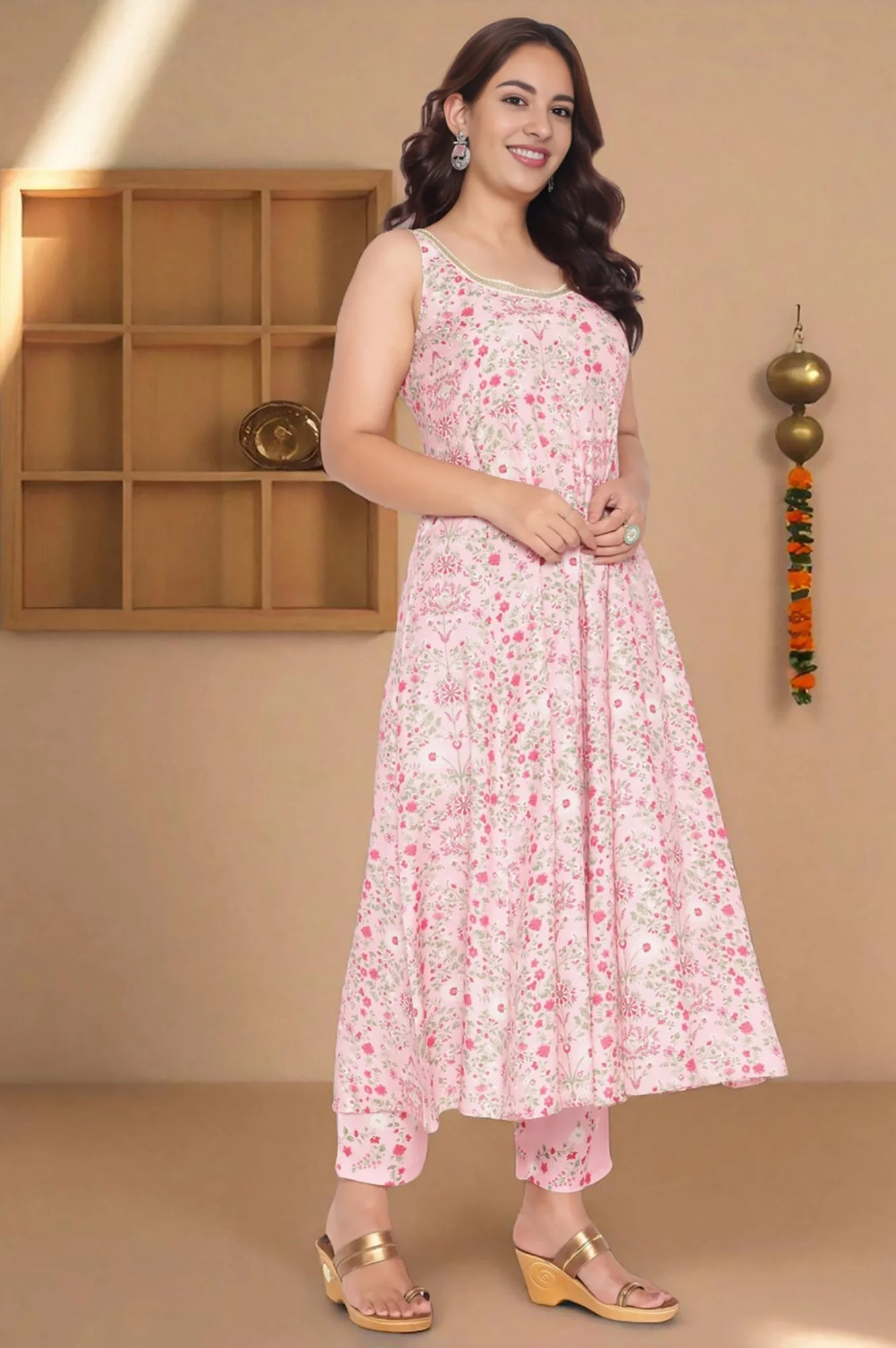 Rose Pink Printed Shantung Flared Kurta, Parallel Pant and Dupatta Set - Image 3