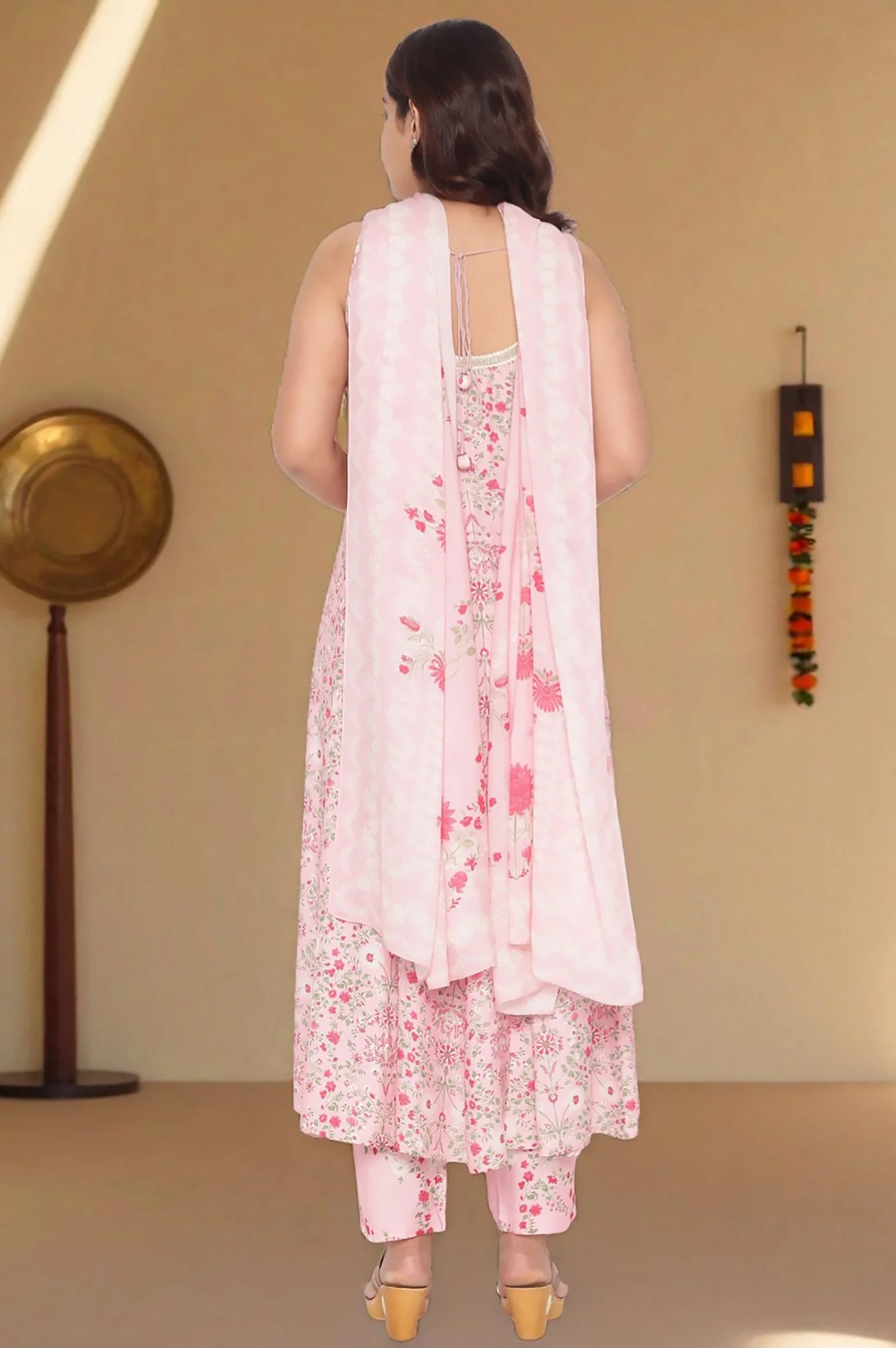 Rose Pink Printed Shantung Flared Kurta, Parallel Pant and Dupatta Set - Image 4