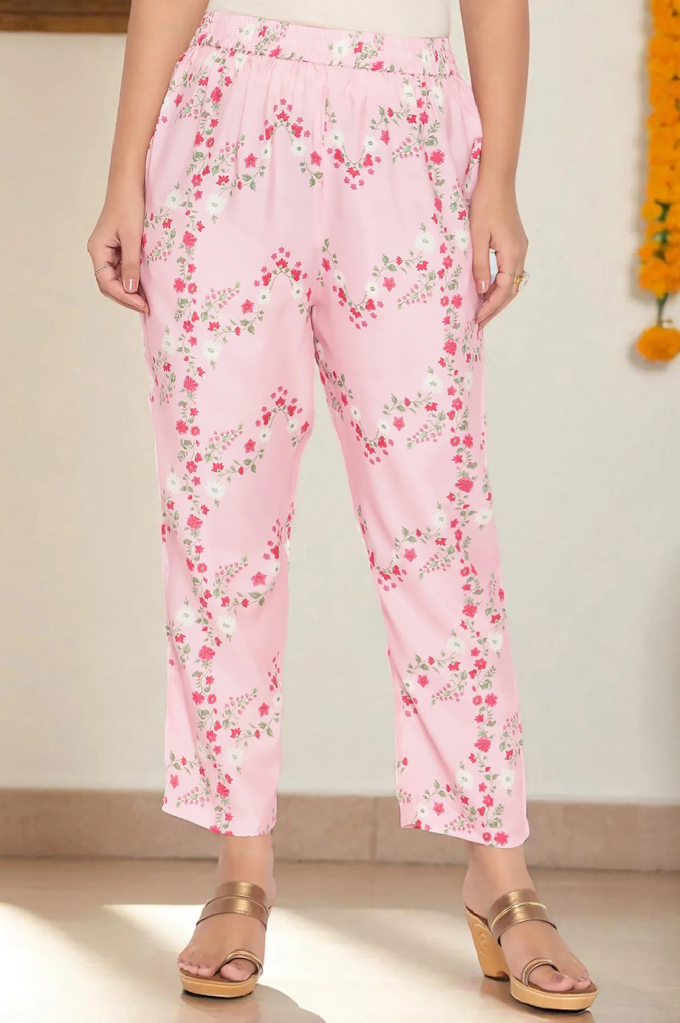 Rose Pink Printed Shantung Flared Kurta, Parallel Pant and Dupatta Set - Image 6