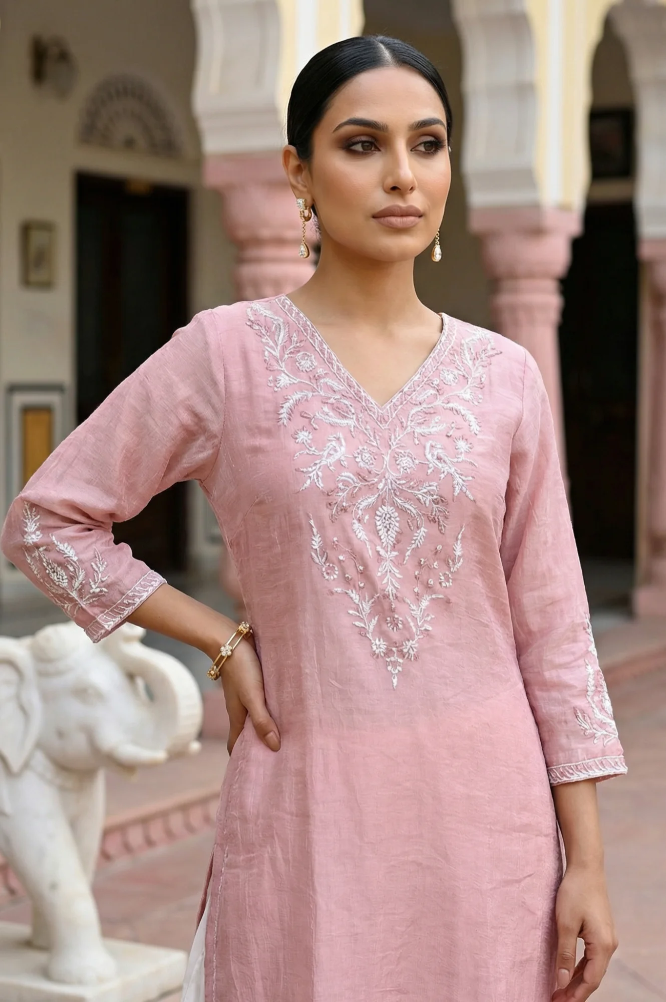Rose Pink Zari Embroidered Cotton Blend Straight Kurta with Salwar and Dupatta Set - Image 3