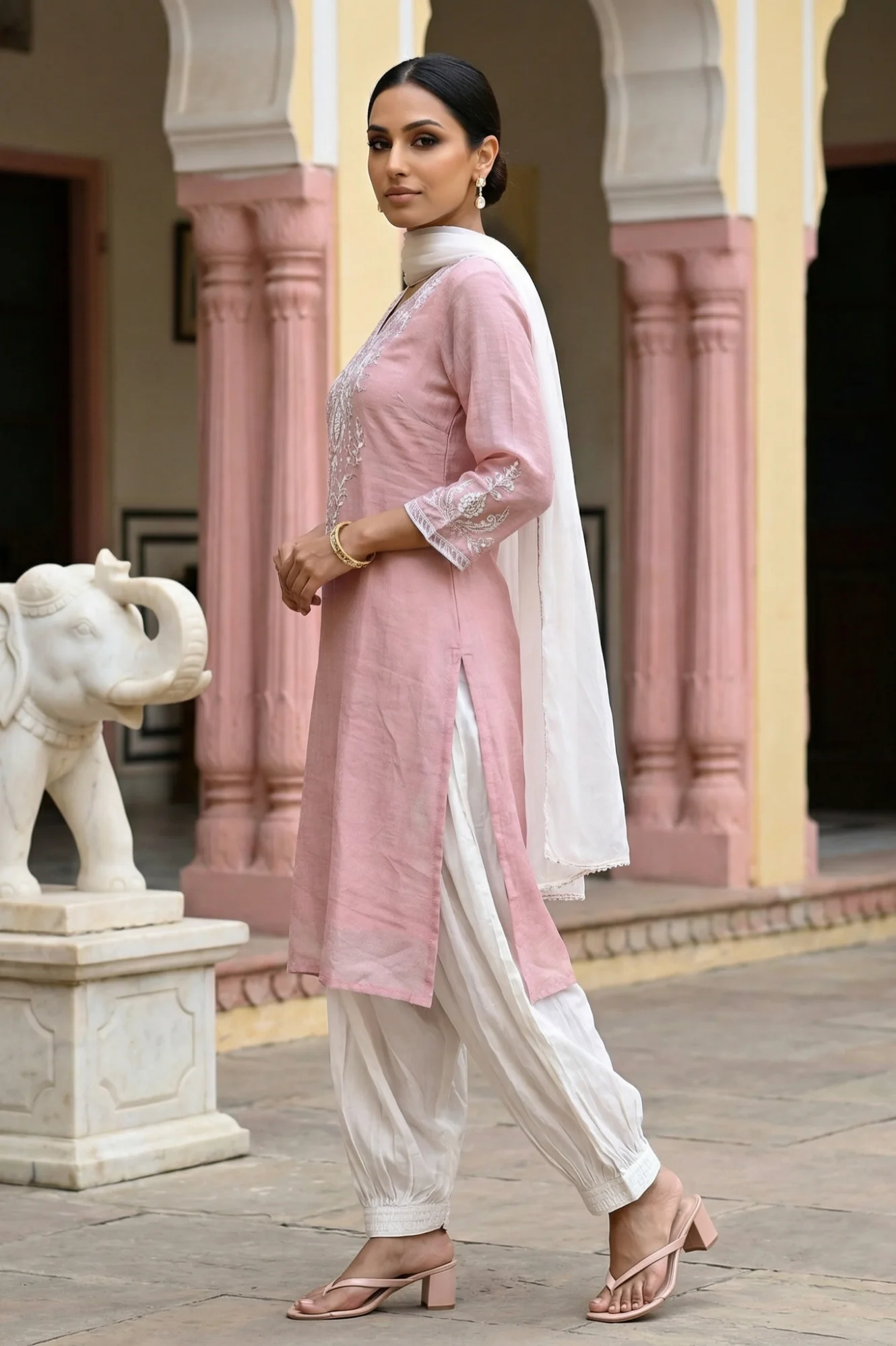 Rose Pink Zari Embroidered Cotton Blend Straight Kurta with Salwar and Dupatta Set - Image 4