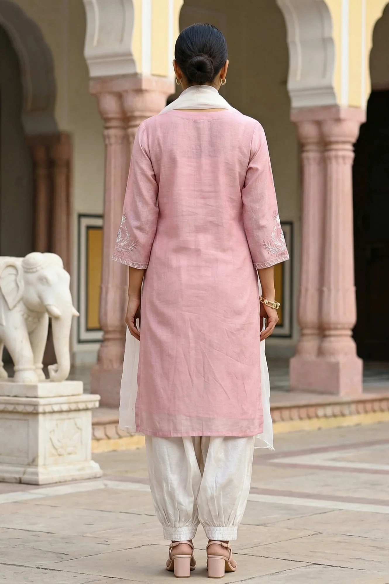 Rose Pink Zari Embroidered Cotton Blend Straight Kurta with Salwar and Dupatta Set - Image 5
