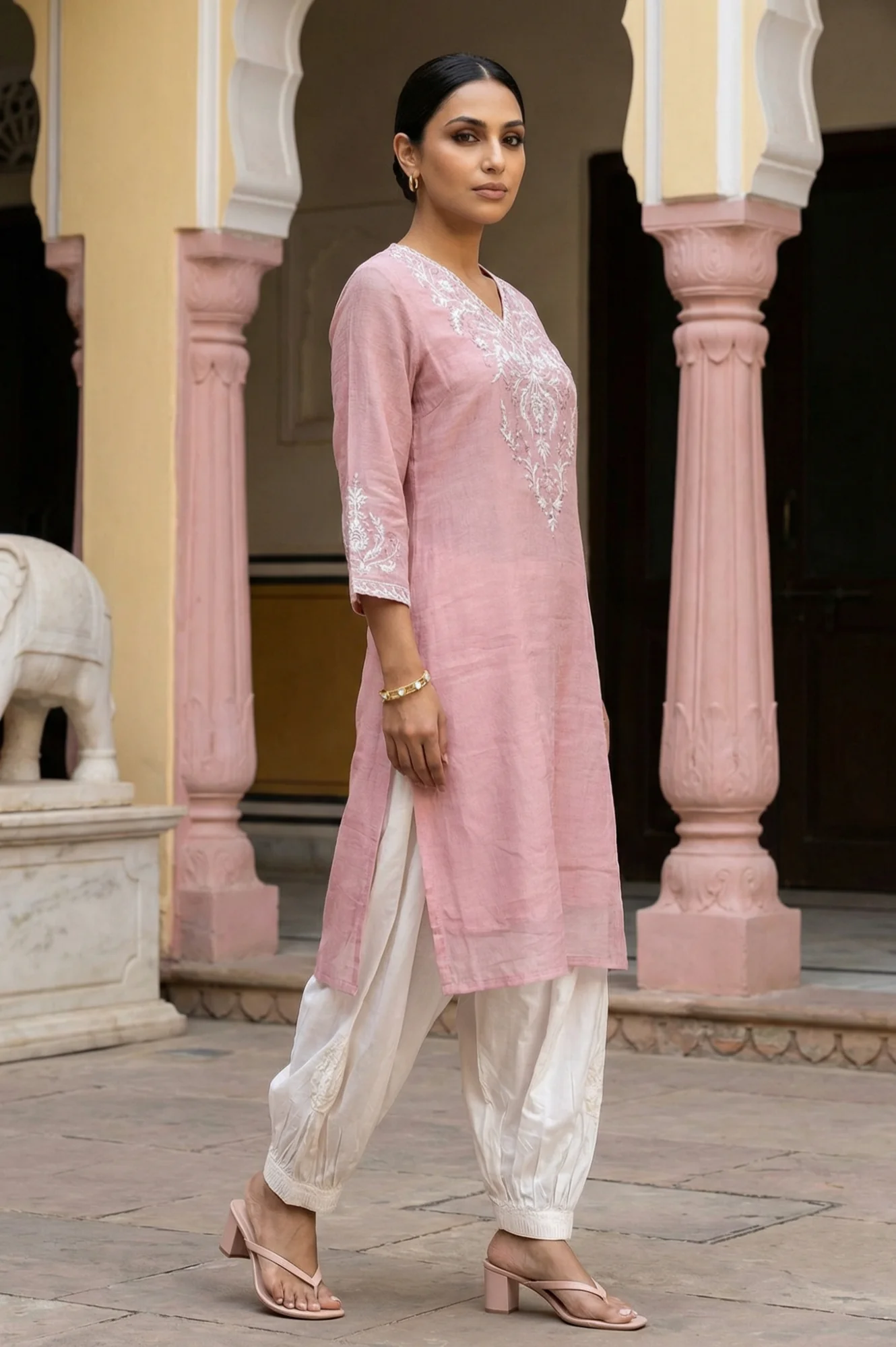 Rose Pink Zari Embroidered Cotton Blend Straight Kurta with Salwar and Dupatta Set - Image 6