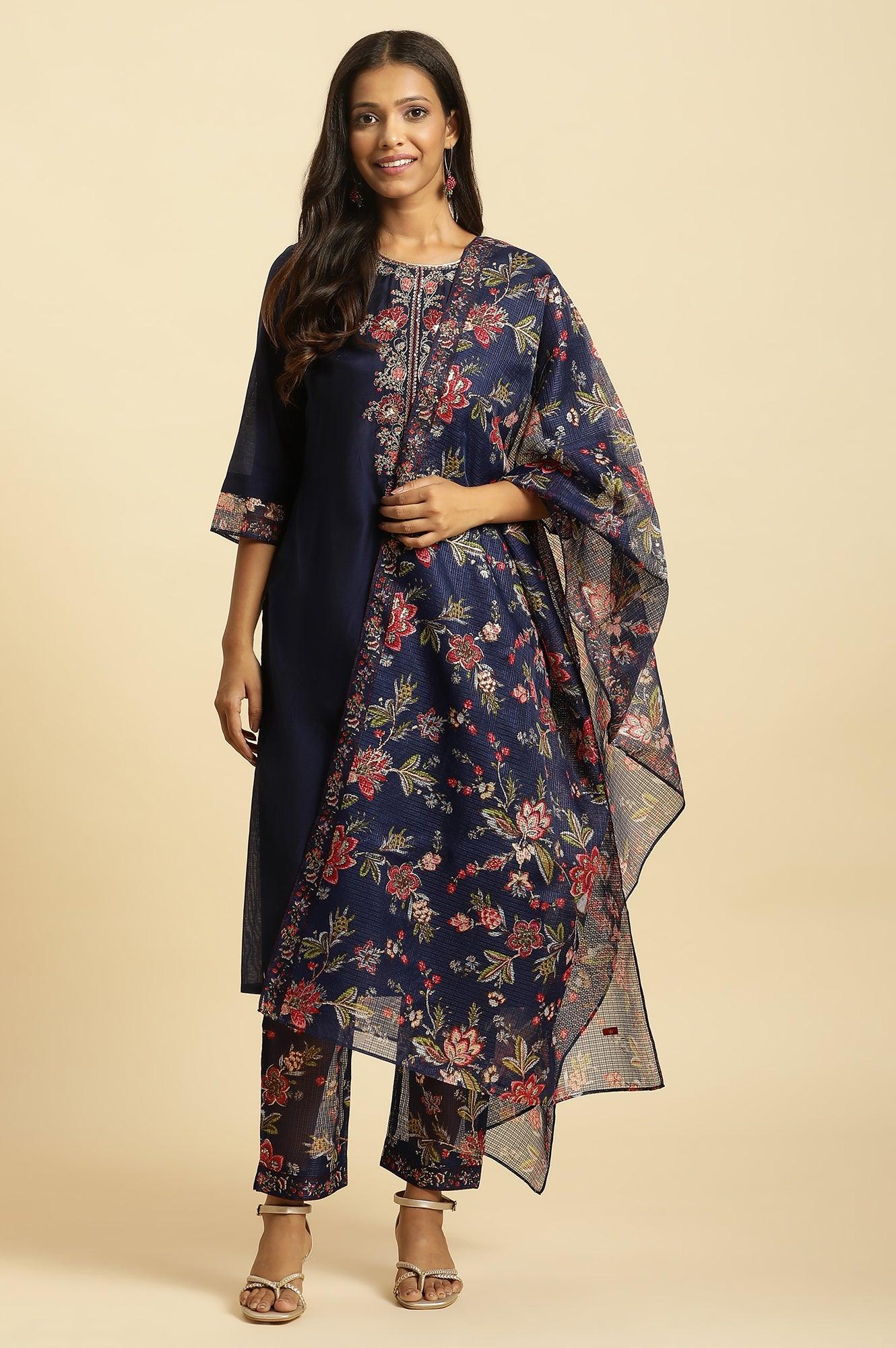 Royal Blue Embroidered Kurta, Pants And Dupatta Set - Image 3