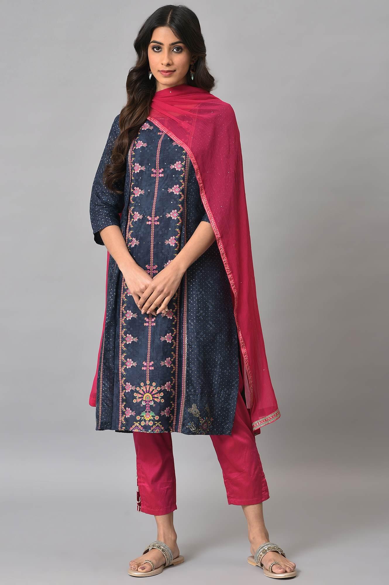 Royal Blue Mock Layered Festive kurta With Pink Slim Pants And Chiffon Dupatta