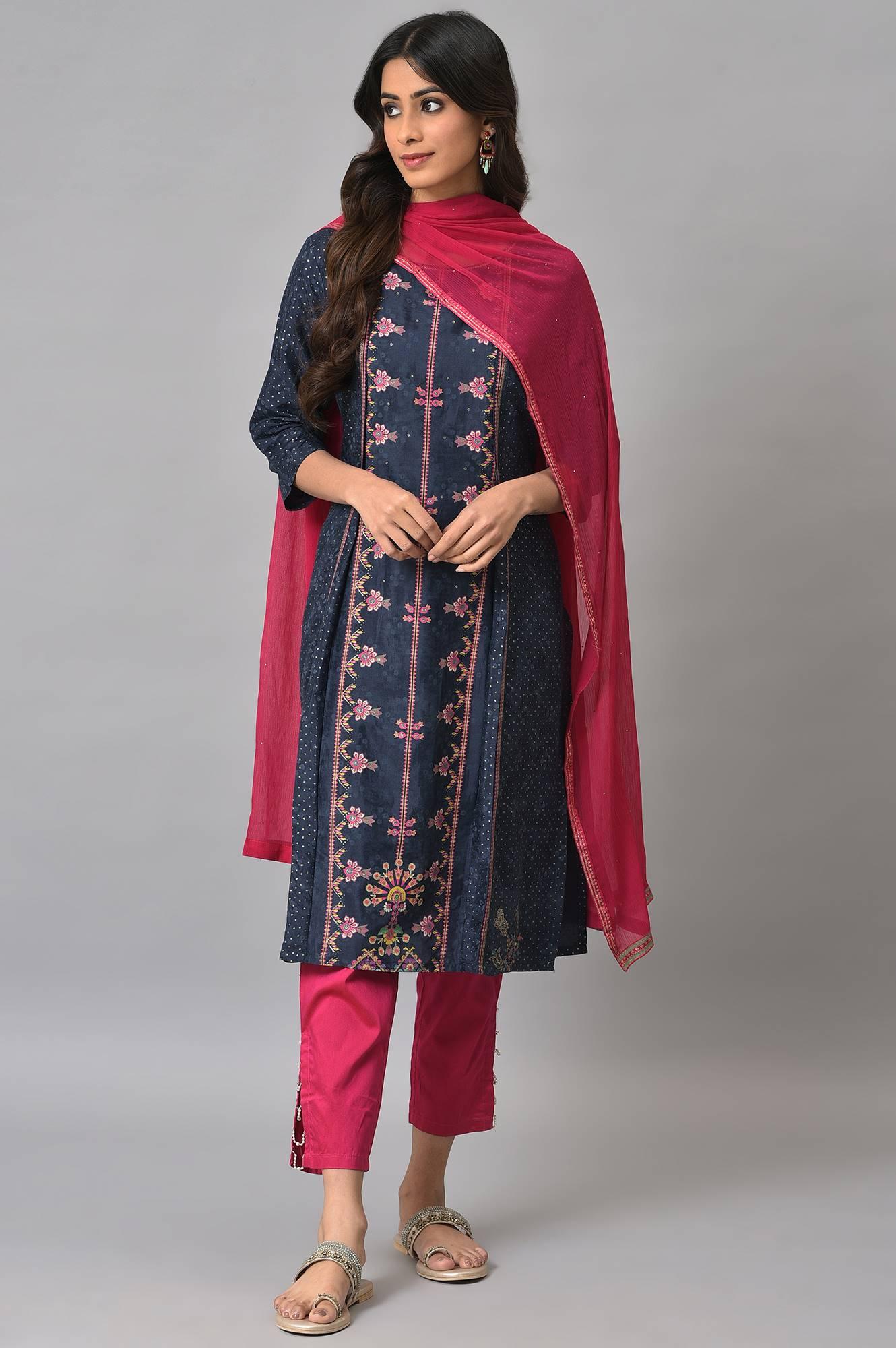 Royal Blue Mock Layered Festive kurta With Pink Slim Pants And Chiffon Dupatta - Image 10