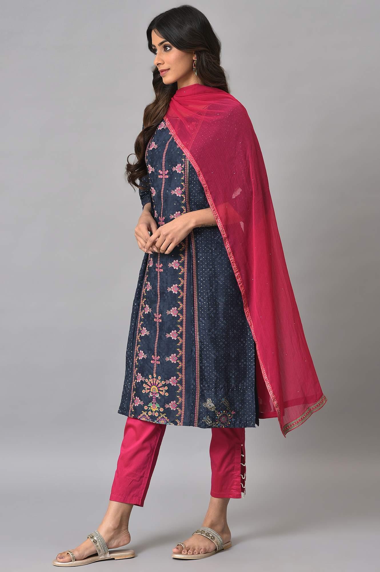 Royal Blue Mock Layered Festive kurta With Pink Slim Pants And Chiffon Dupatta - Image 3