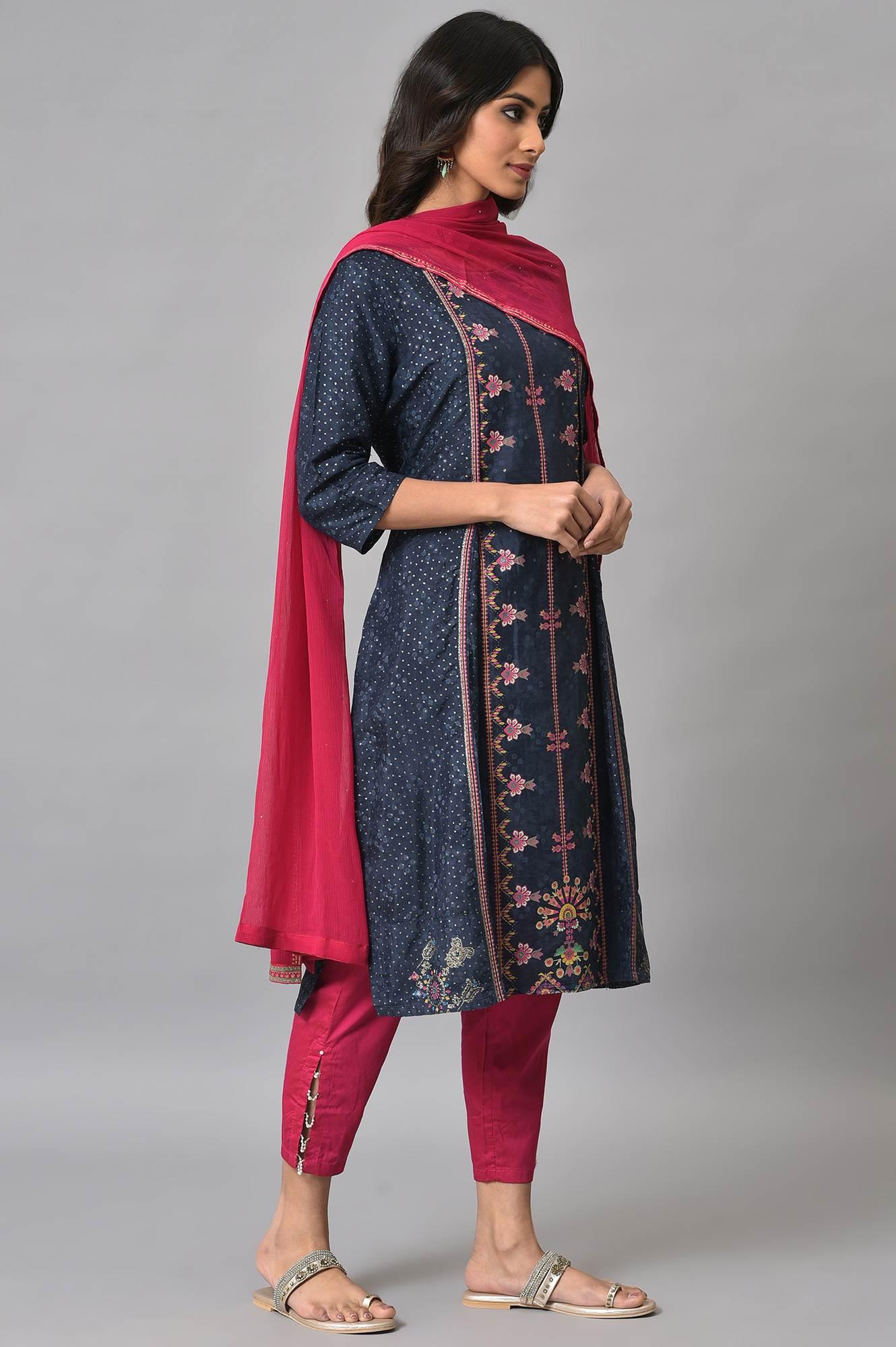 Royal Blue Mock Layered Festive kurta With Pink Slim Pants And Chiffon Dupatta - Image 4