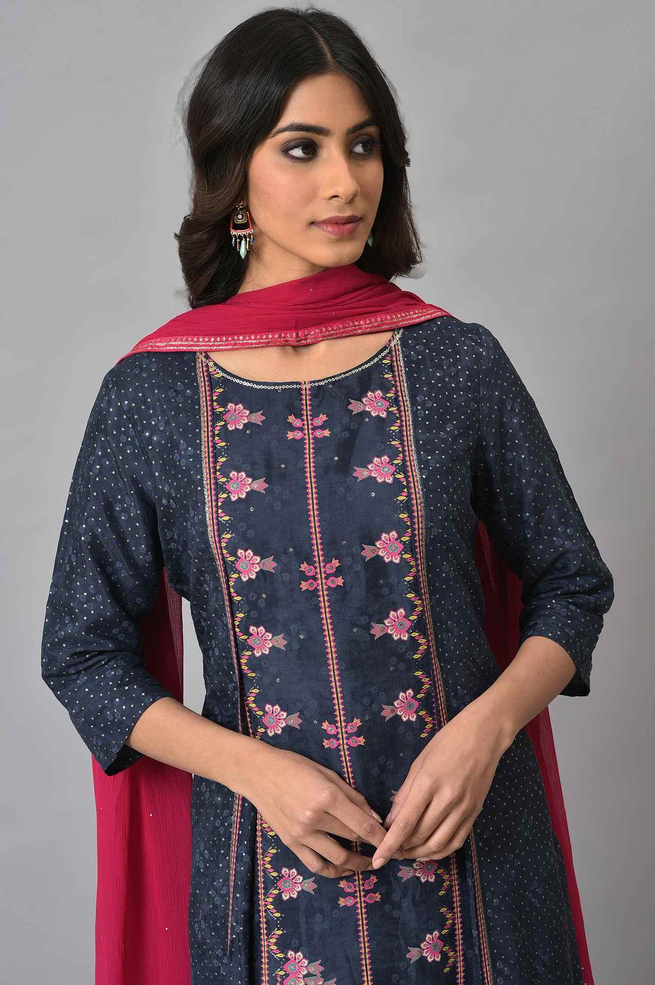 Royal Blue Mock Layered Festive kurta With Pink Slim Pants And Chiffon Dupatta - Image 5