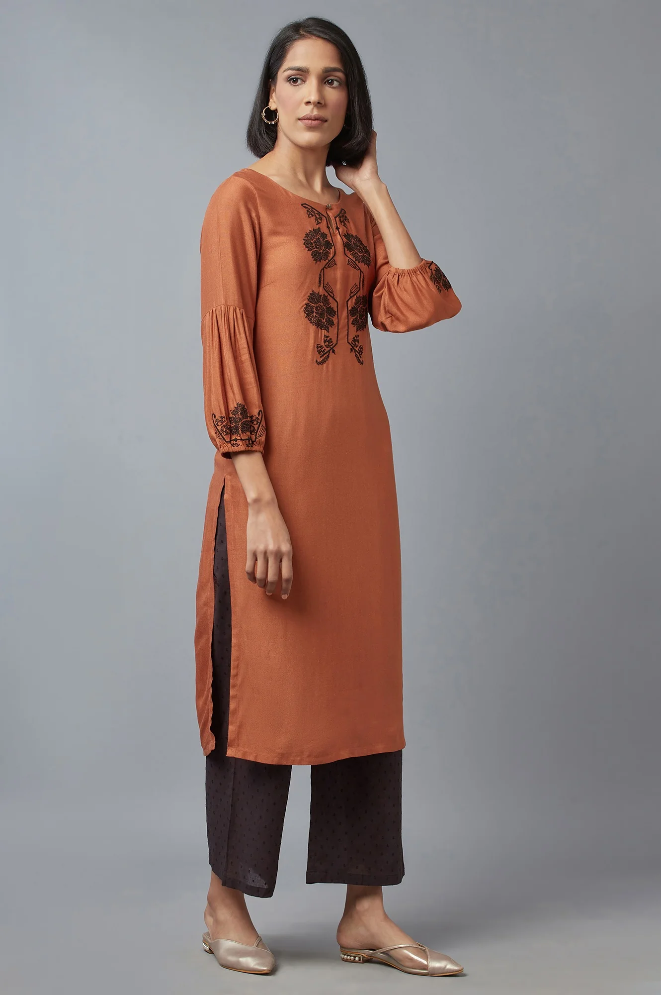 Rust Brown Embroidered kurta - Image 4