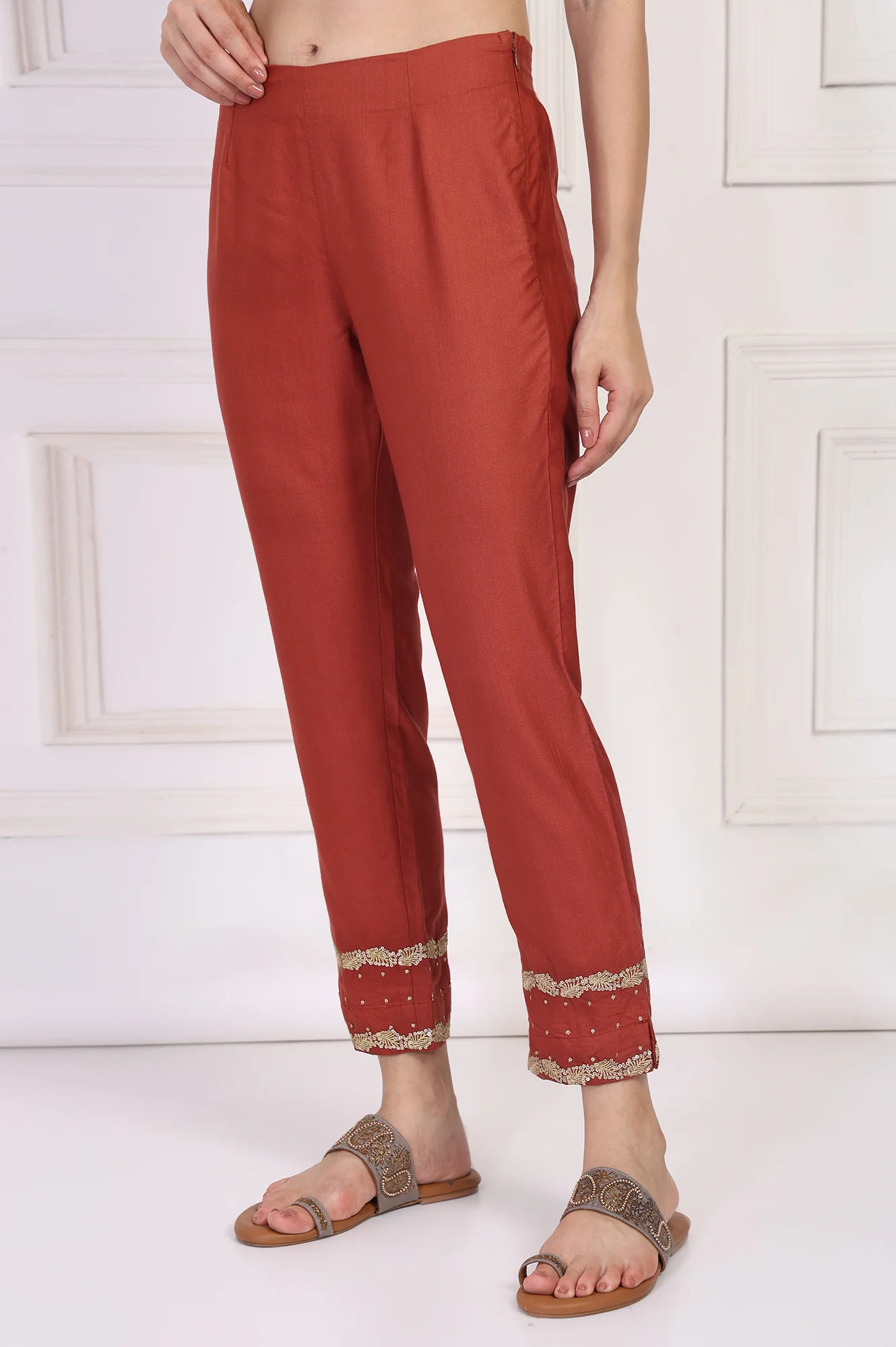 Rust Embroidered Silk Slim Pant - Image 2