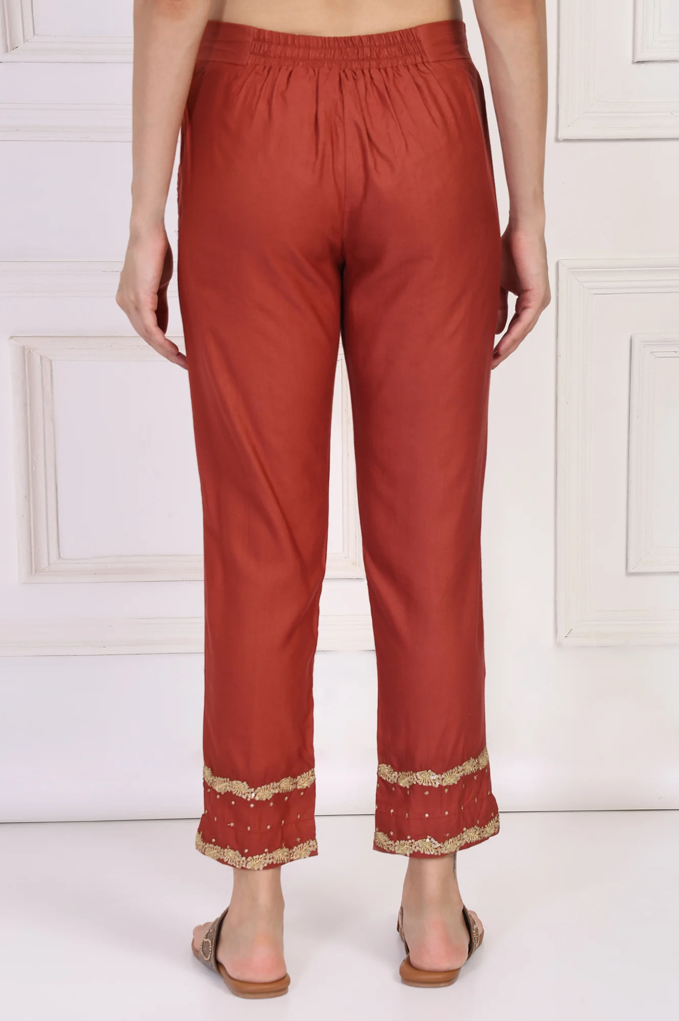 Rust Embroidered Silk Slim Pant - Image 4