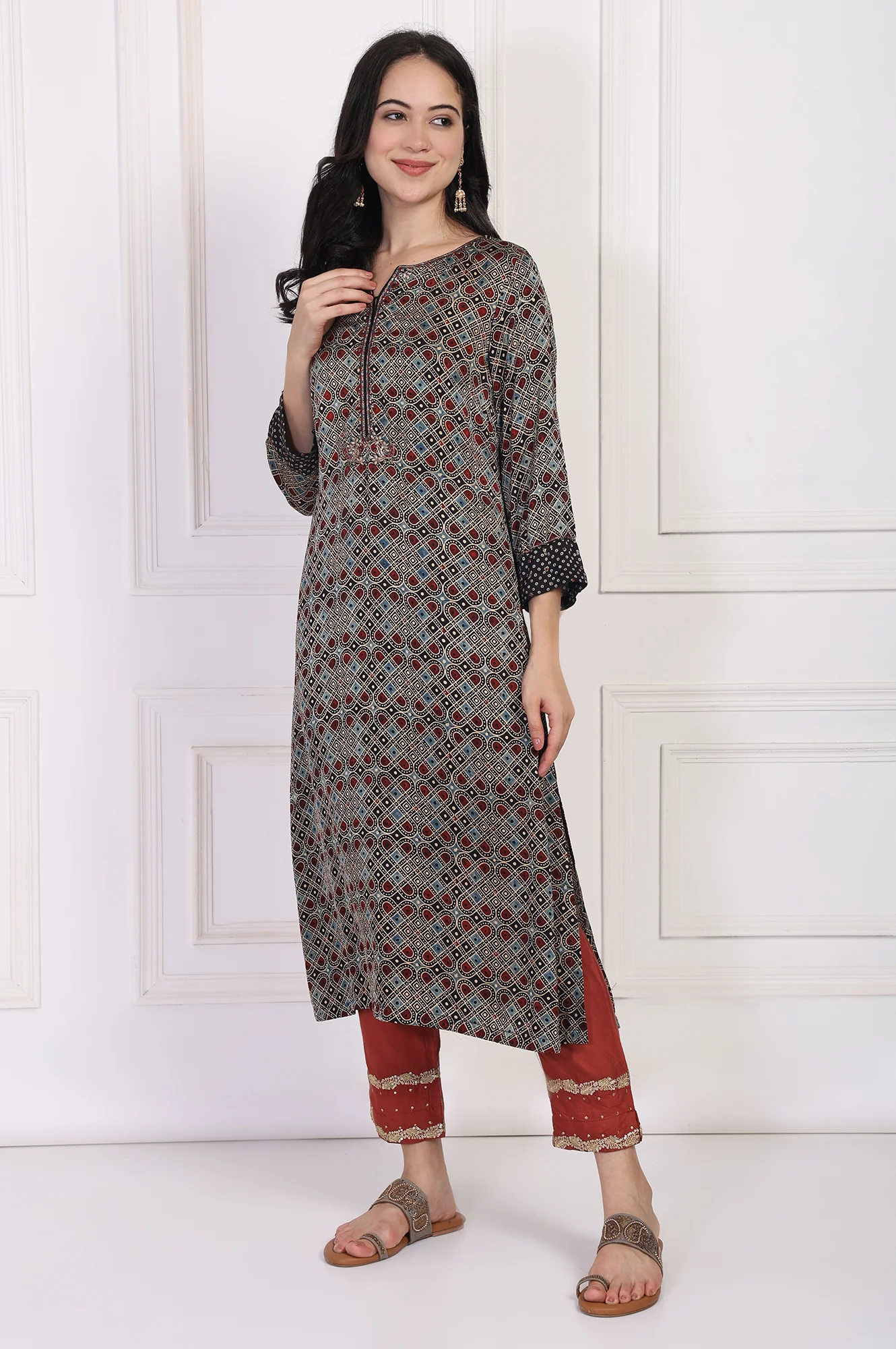 Rust Embroidered Silk Slim Pant - Image 5