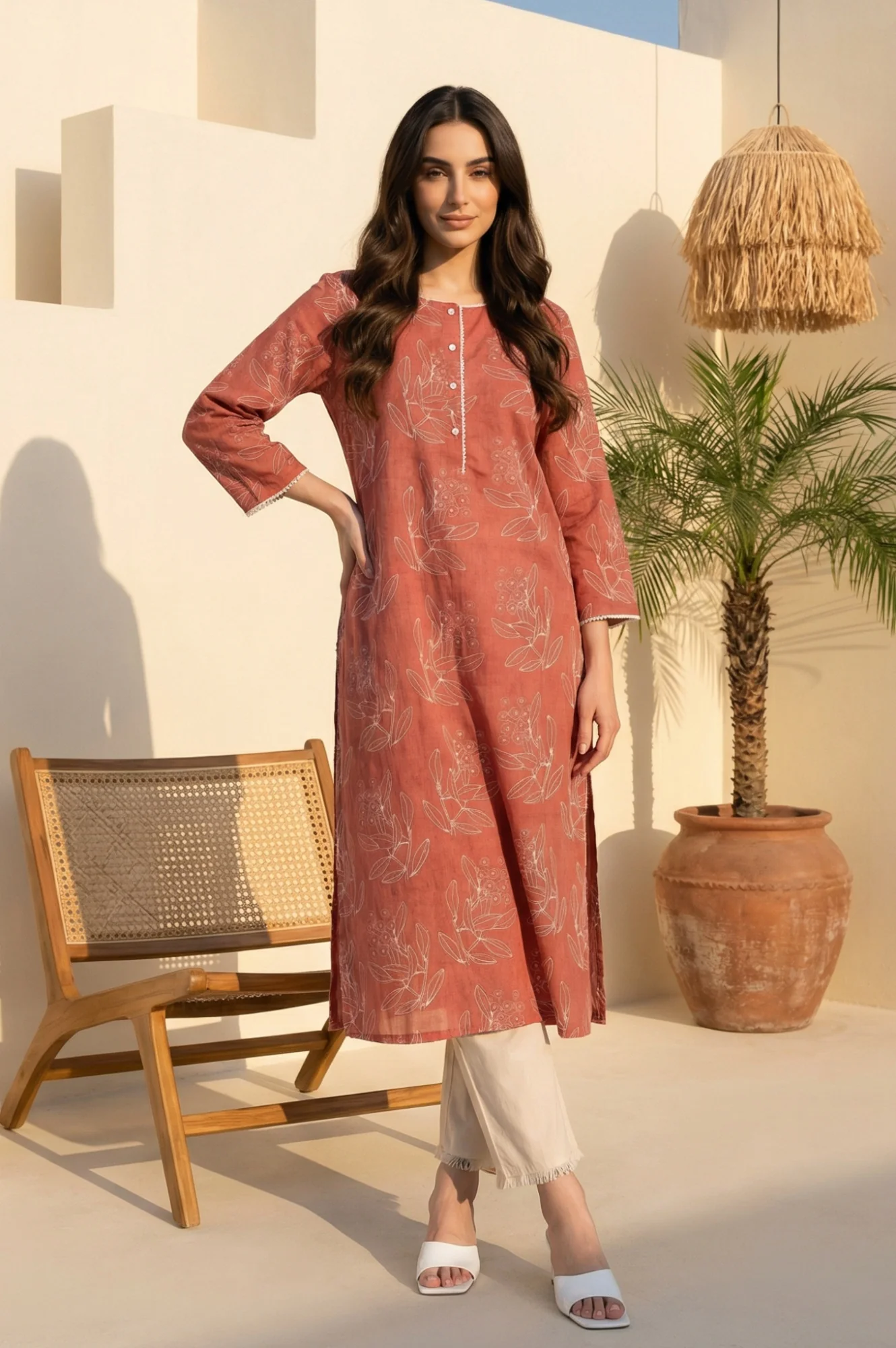 Rust Floral Printed Lace Rayon Flax Straight Kurta