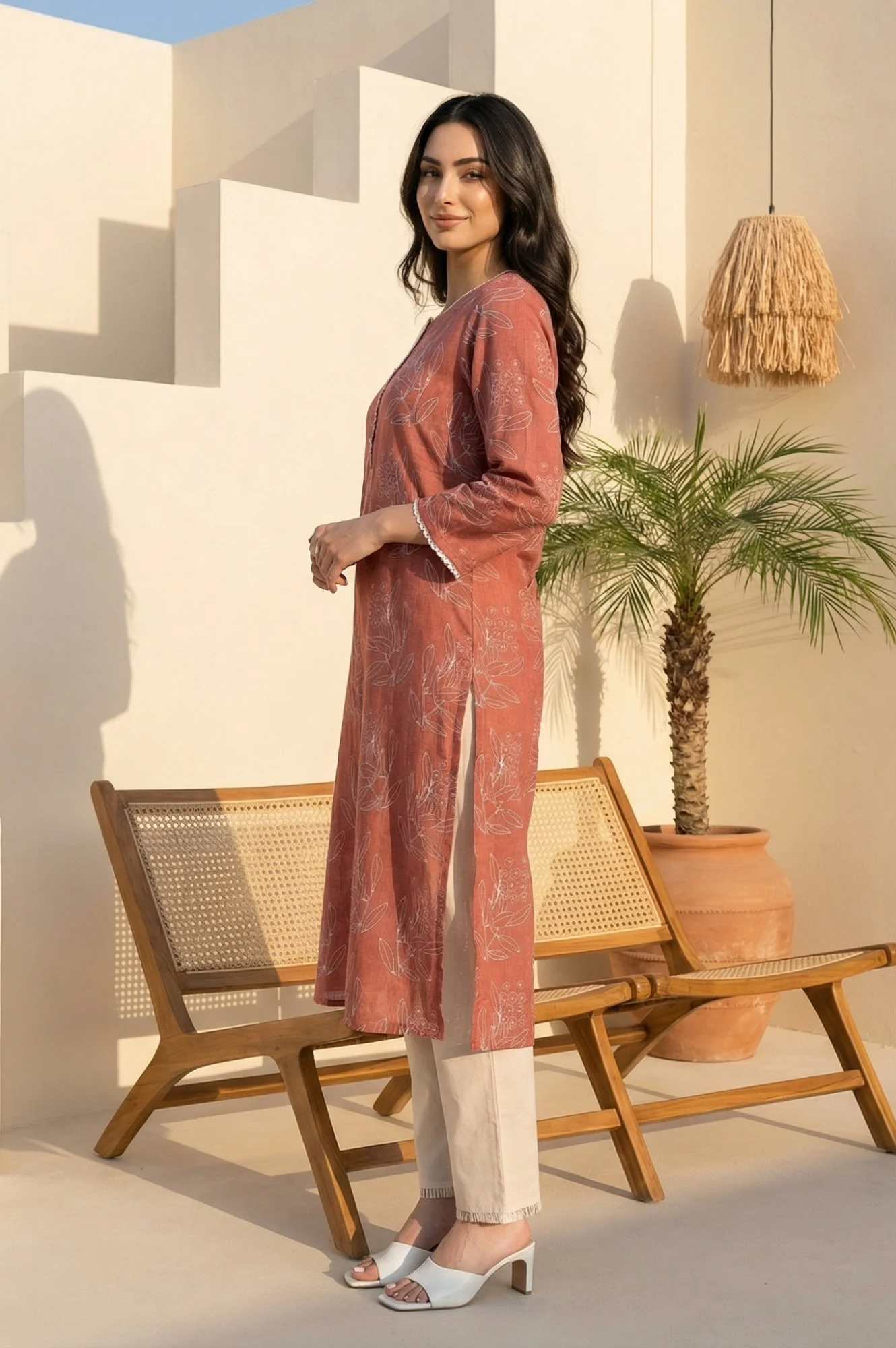 Rust Floral Printed Lace Rayon Flax Straight Kurta - Image 3