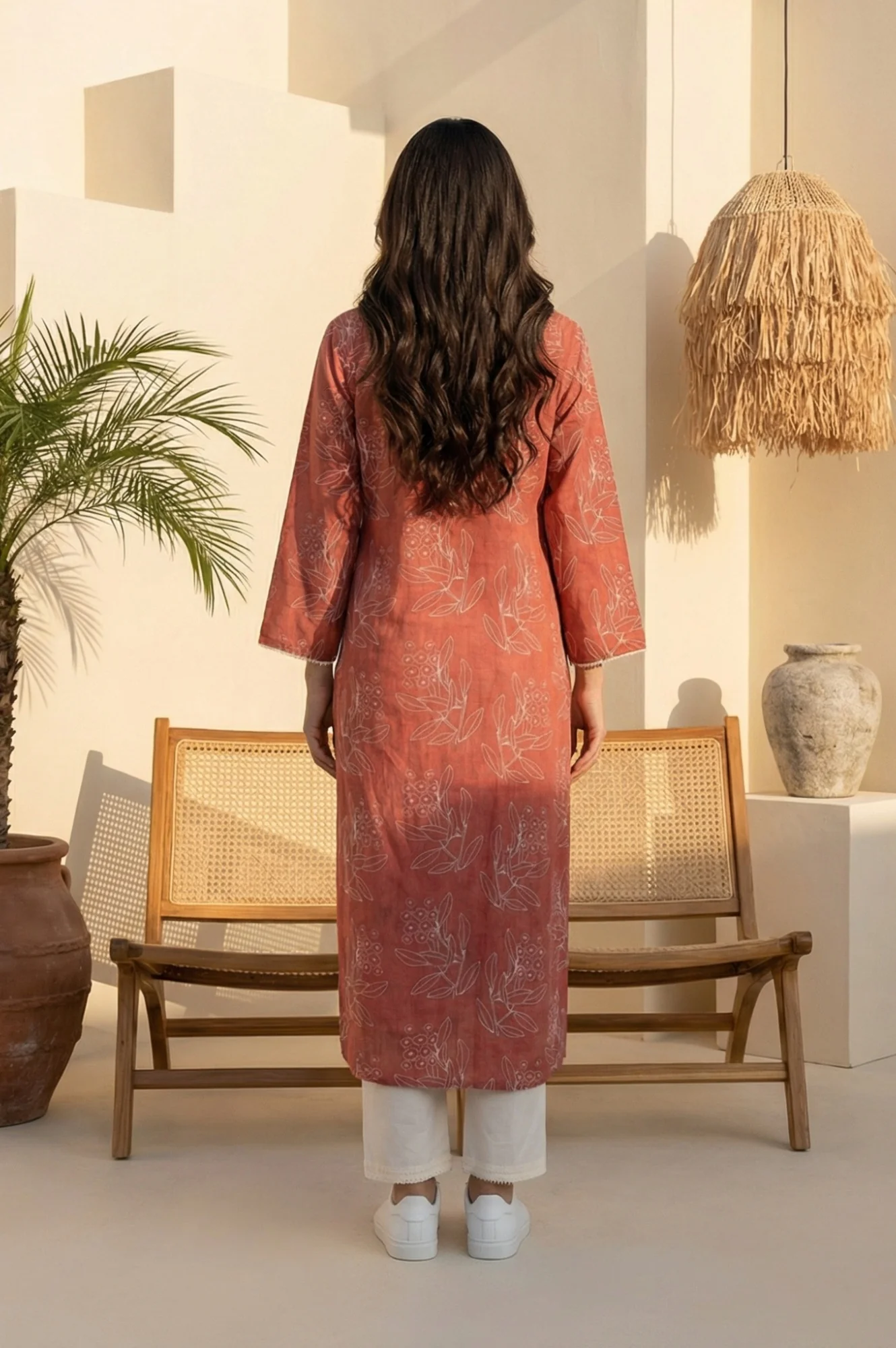 Rust Floral Printed Lace Rayon Flax Straight Kurta - Image 4