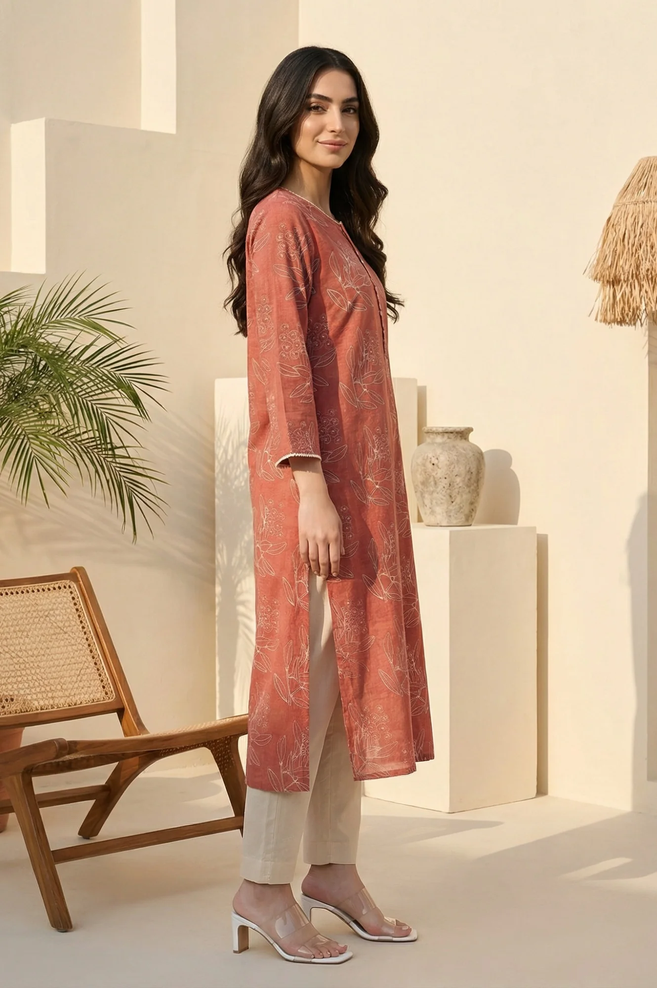 Rust Floral Printed Lace Rayon Flax Straight Kurta - Image 5
