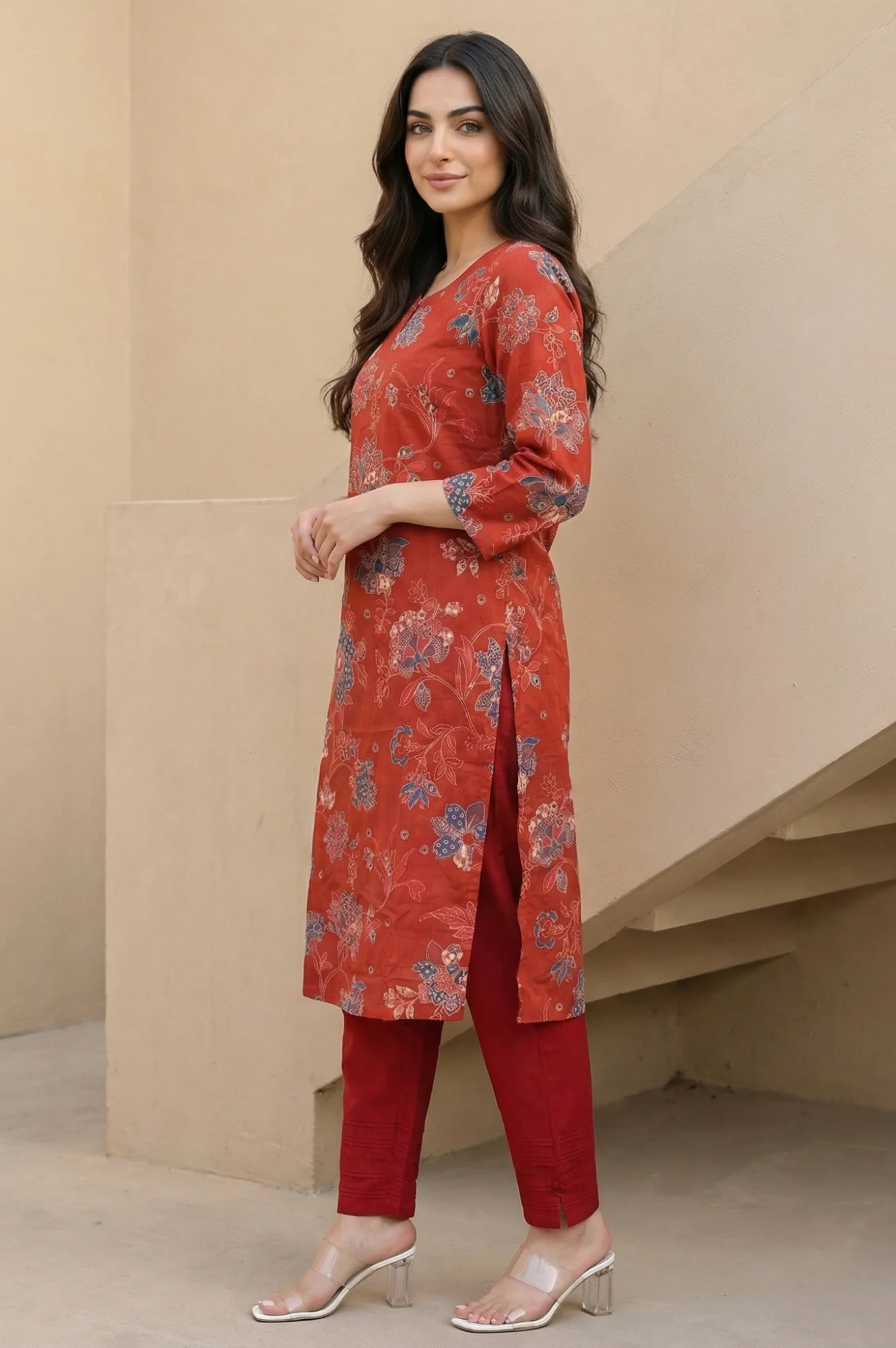 Rust Floral Printed Modal Straight Kurta - Image 3