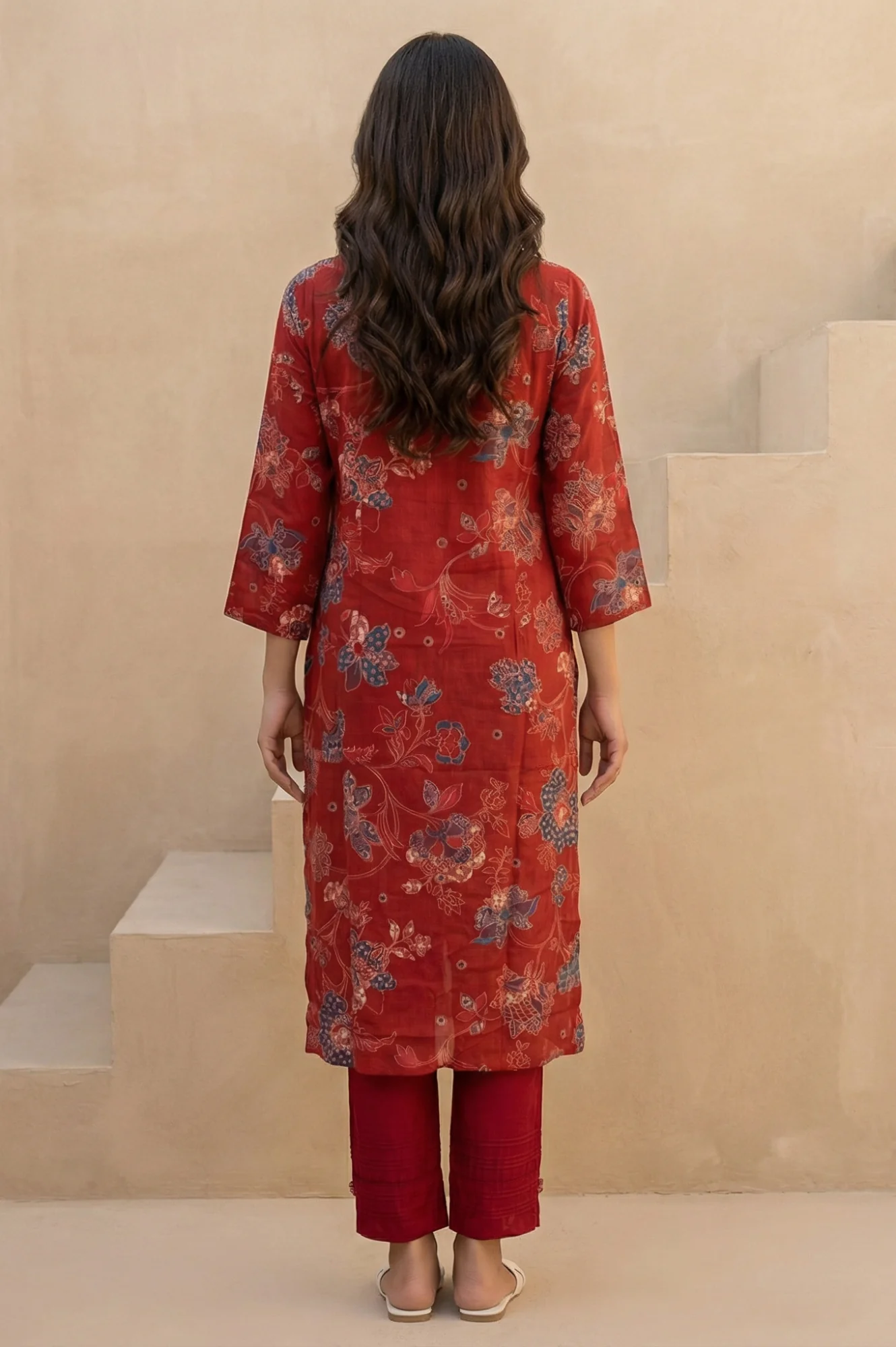 Rust Floral Printed Modal Straight Kurta - Image 4