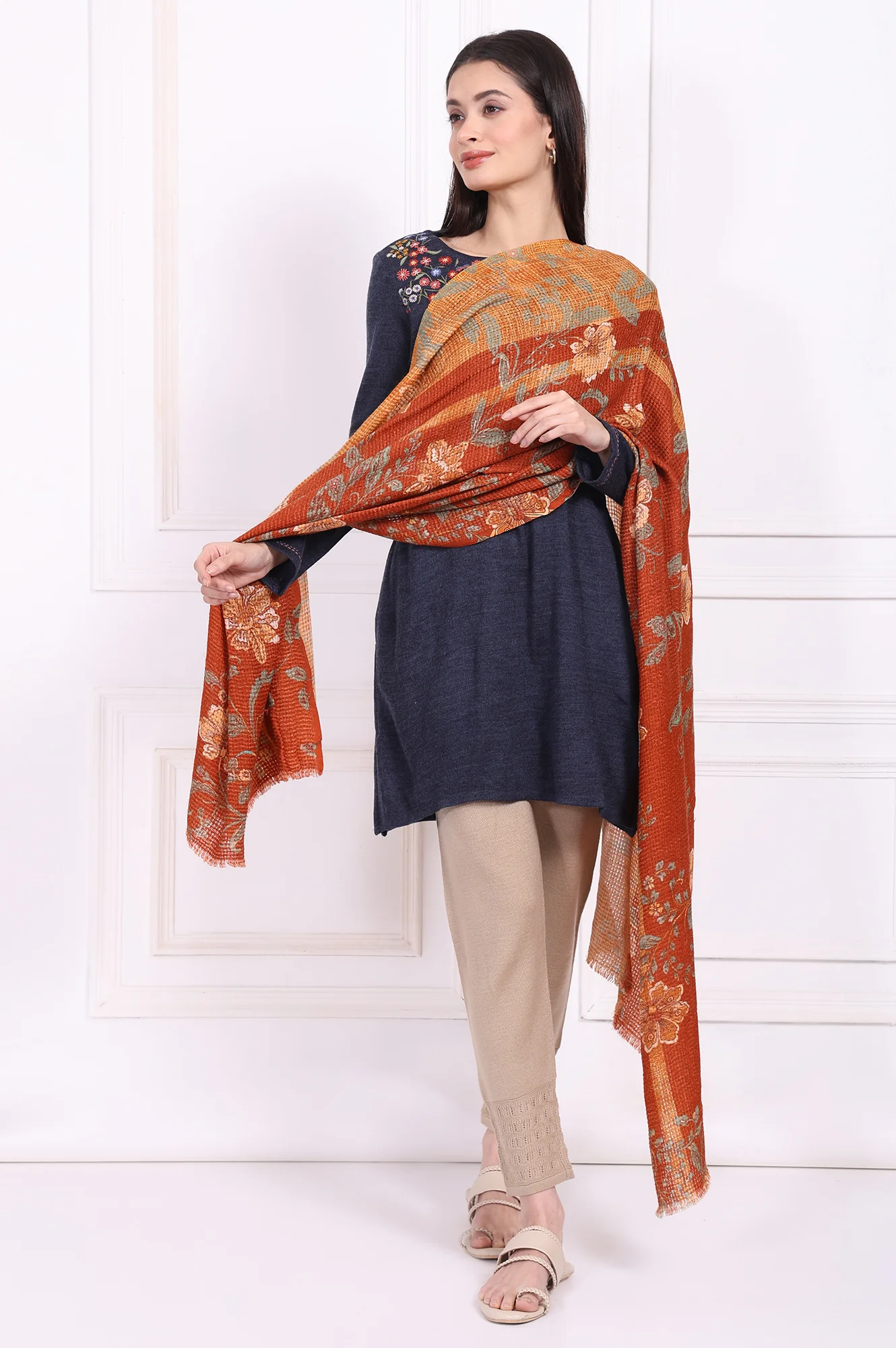 Rust Floral Printed Wool Shawl - Image 2