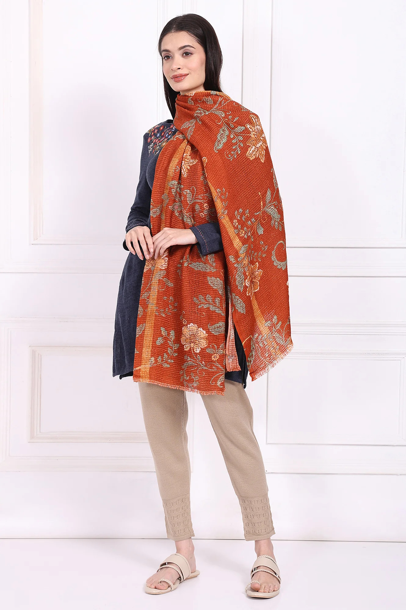 Rust Floral Printed Wool Shawl - Image 4