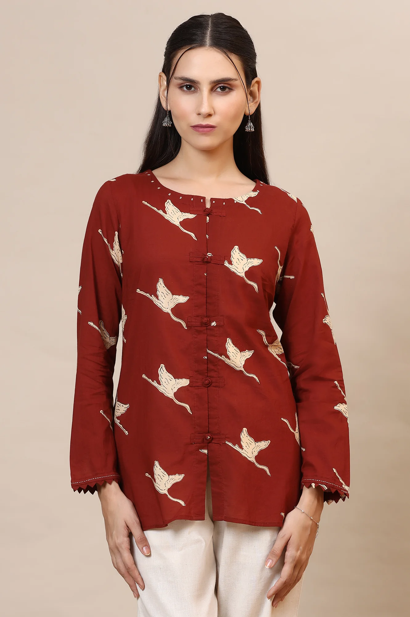 Rust Handblock Printed Top In Swan Print - Image 3
