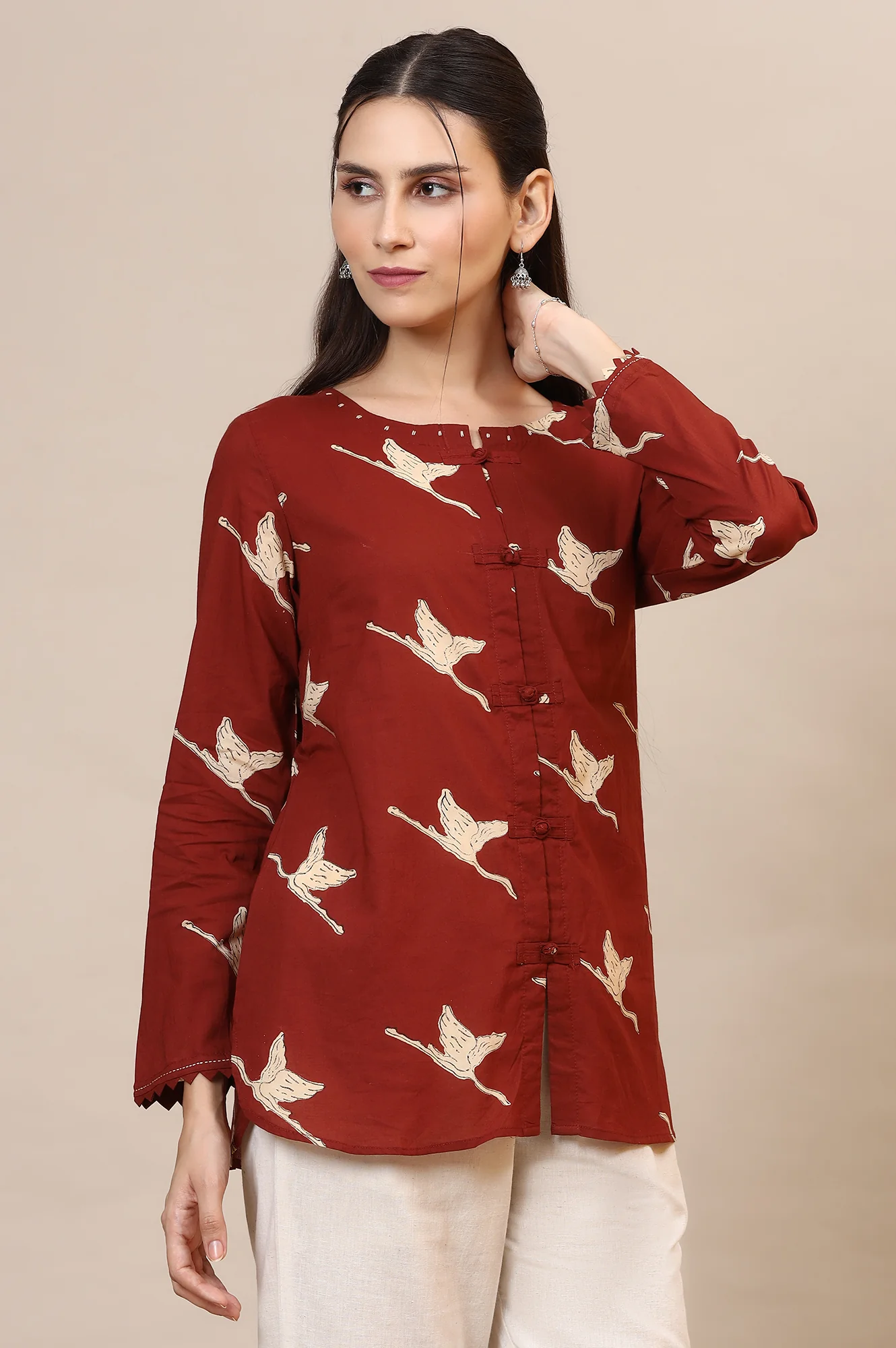 Rust Handblock Printed Top In Swan Print - Image 7