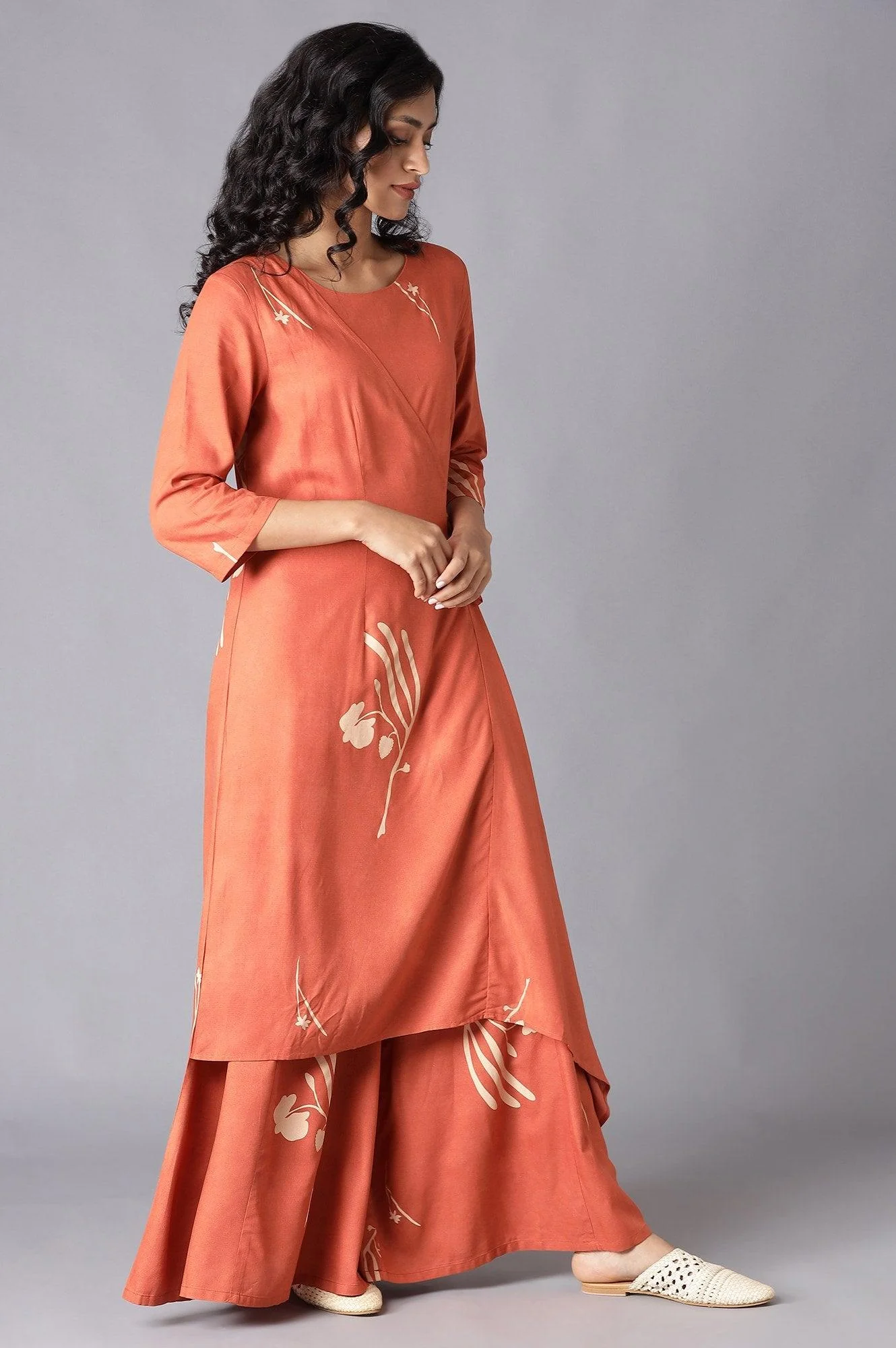 Rust Orange Angrakha Jumpsuit In Round Neck - Image 4