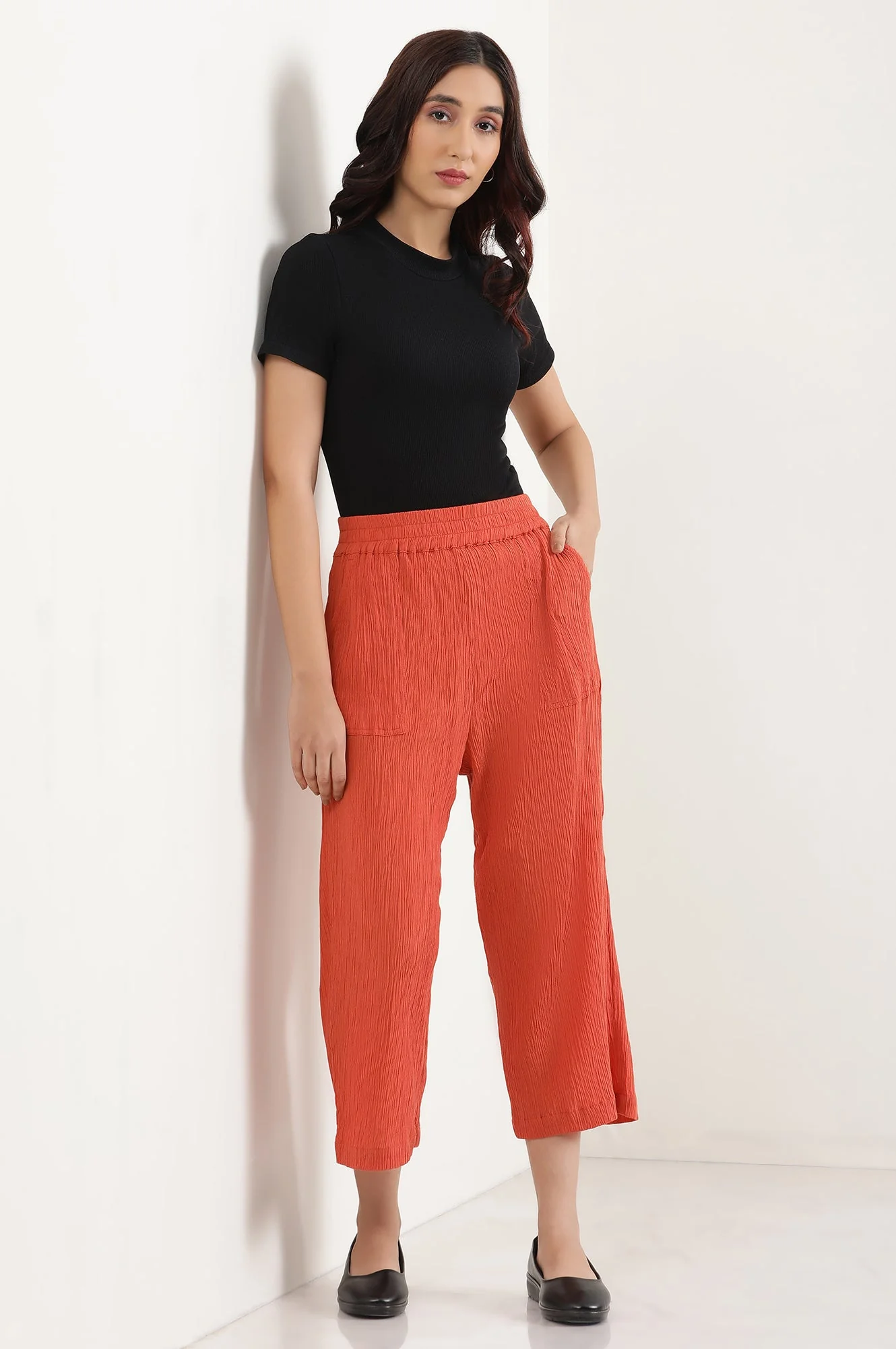 Elleven Women's Rust Solid Wide Leg Rayon Culottes With Elasticated Waist