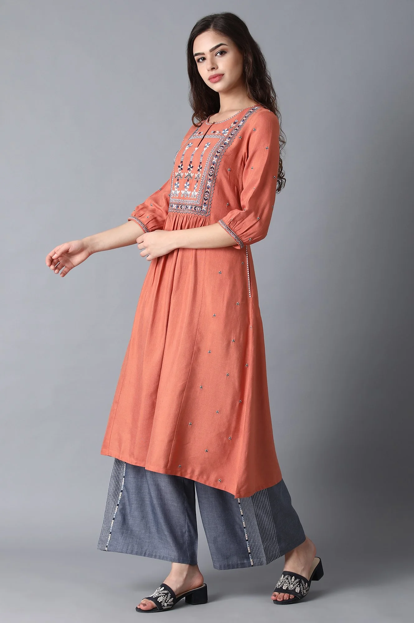 Rust Orange Cotton Kurta with Flared Hemline - Image 3