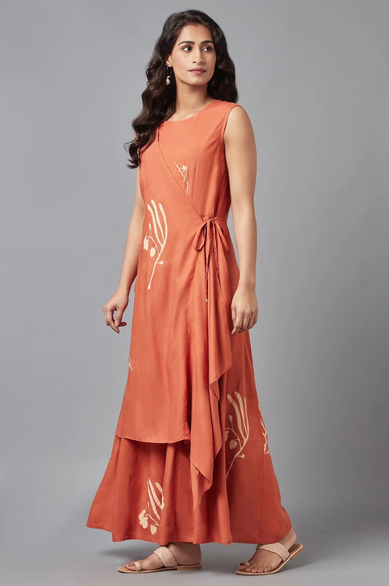 Rust Orange Sleeveless Angrakha Jumpsuit in Round Neck - Image 3