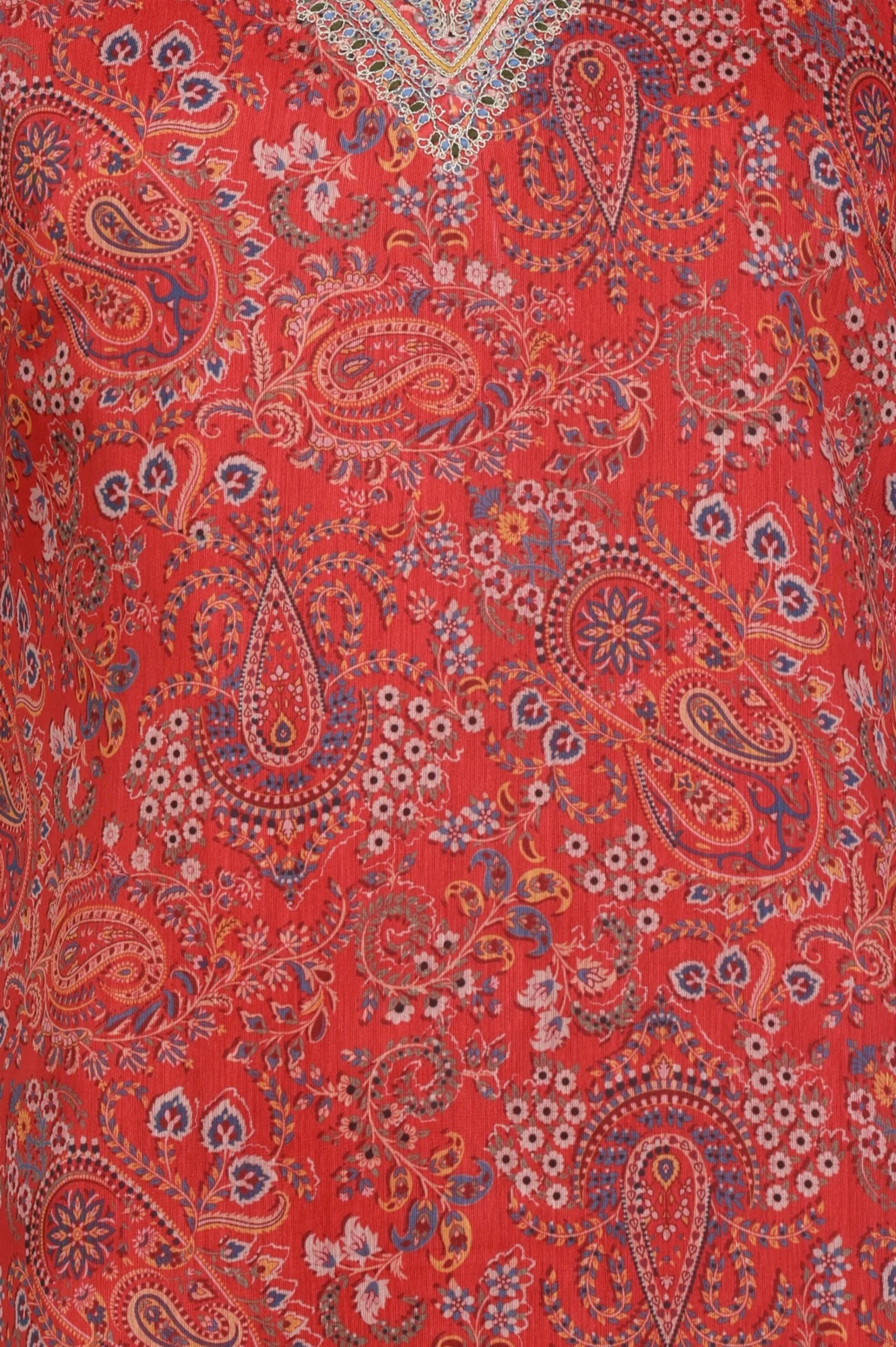 Rust Paisley Printed Straight Chiffon Kurta with Embroidered Neck - Image 2