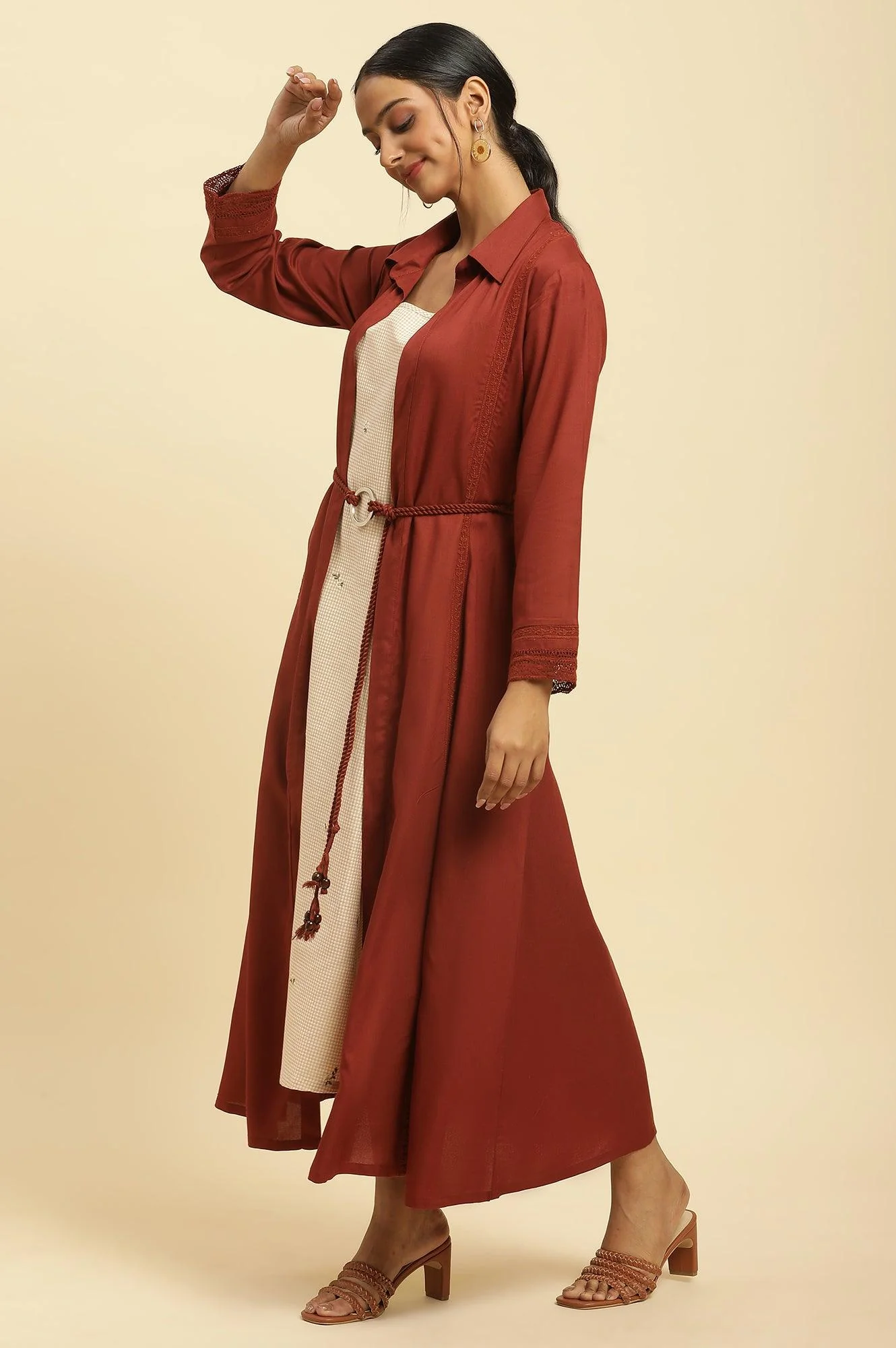 Rust Red Front Open Jacket And Strappy Dress Set - Image 3
