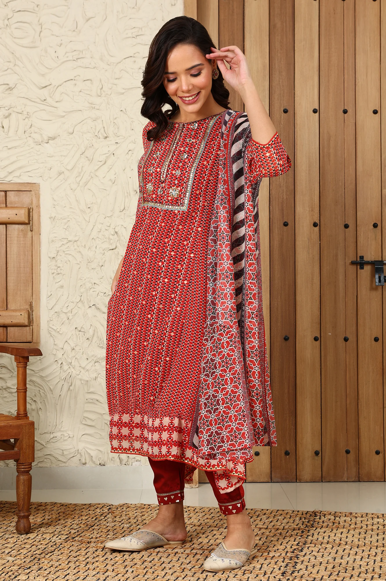 Rust Red Geometric Printed Embroidered Flared Kurta, Pants And Dupatta Set - Image 2