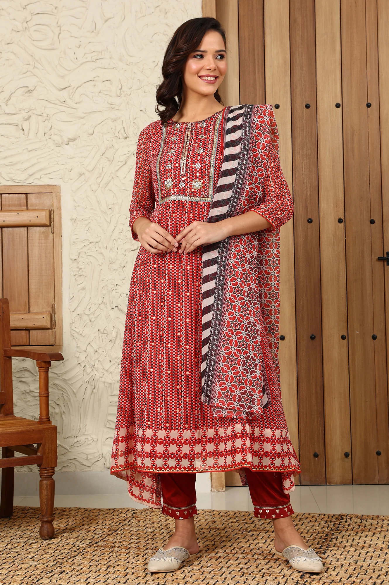 Rust Red Geometric Printed Embroidered Flared Kurta, Pants And Dupatta Set - Image 3