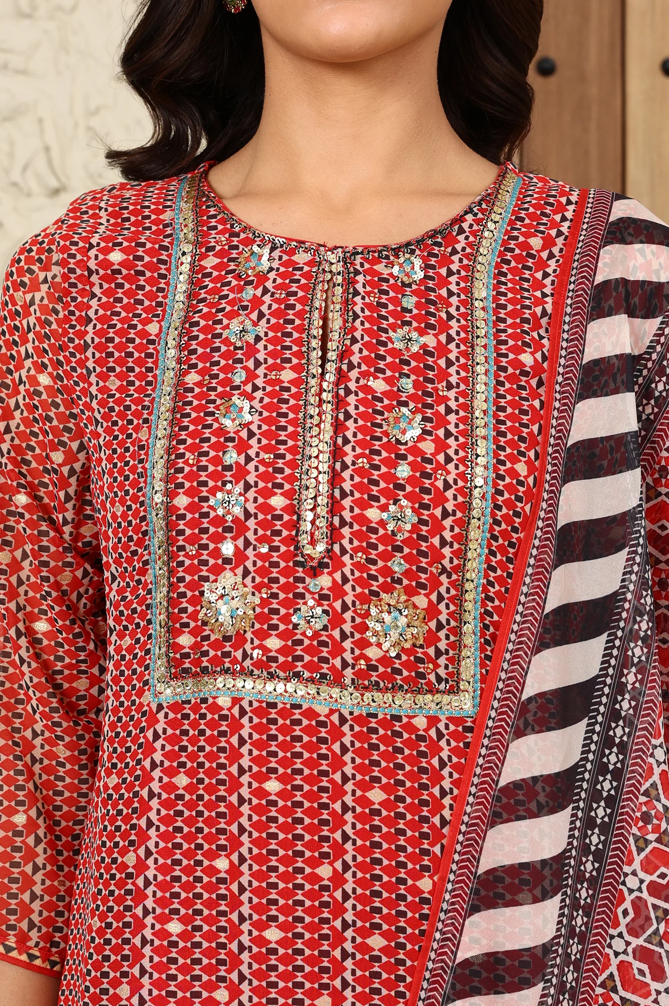 Rust Red Geometric Printed Embroidered Flared Kurta, Pants And Dupatta Set - Image 4