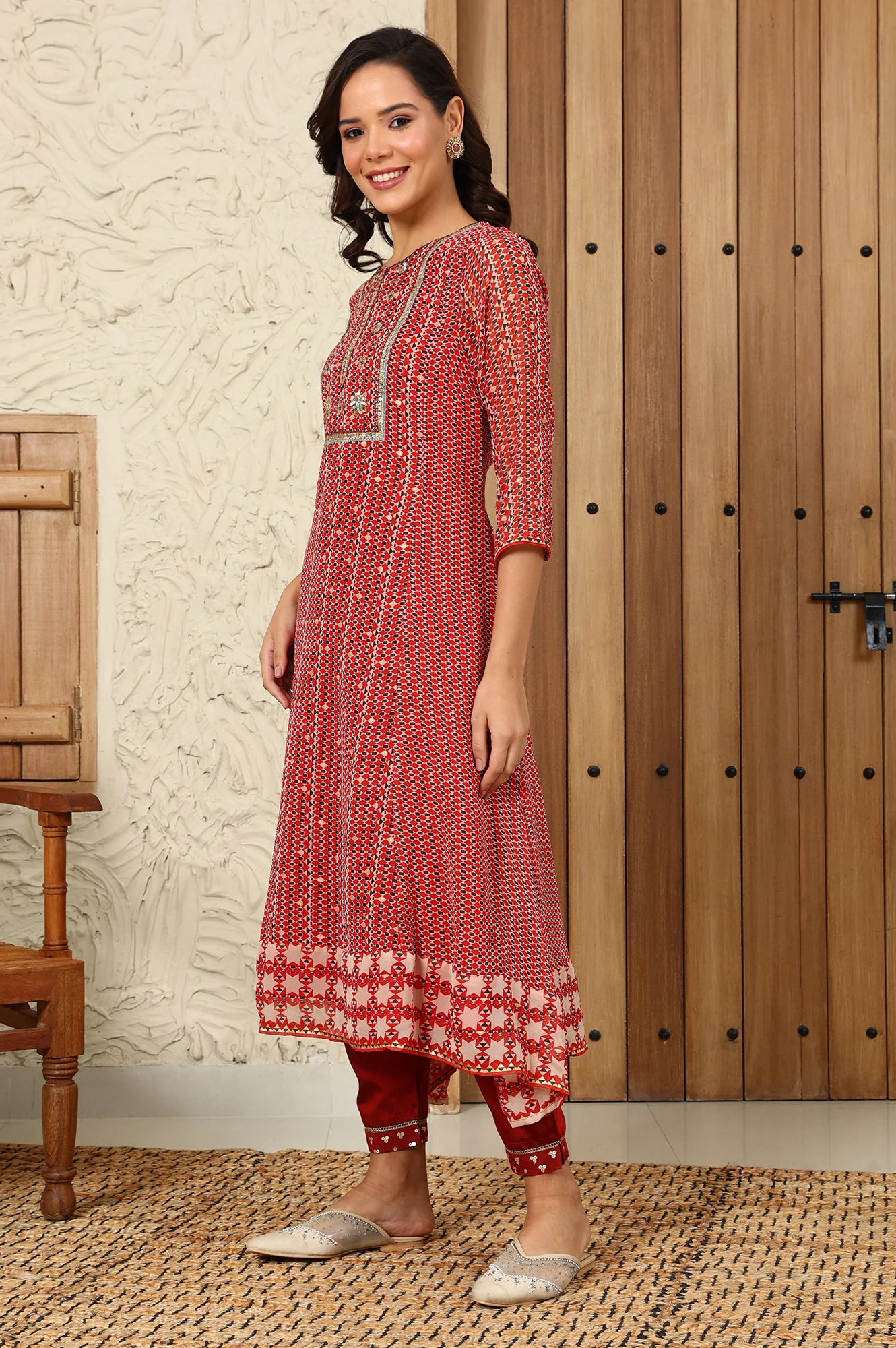 Rust Red Geometric Printed Embroidered Flared Kurta, Pants And Dupatta Set - Image 5