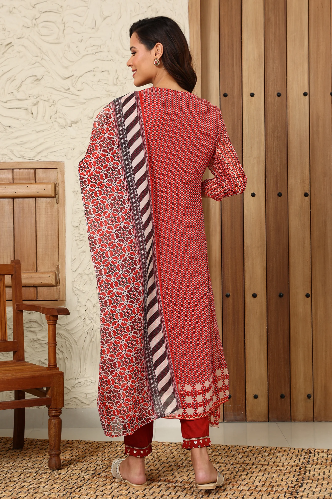 Rust Red Geometric Printed Embroidered Flared Kurta, Pants And Dupatta Set - Image 6