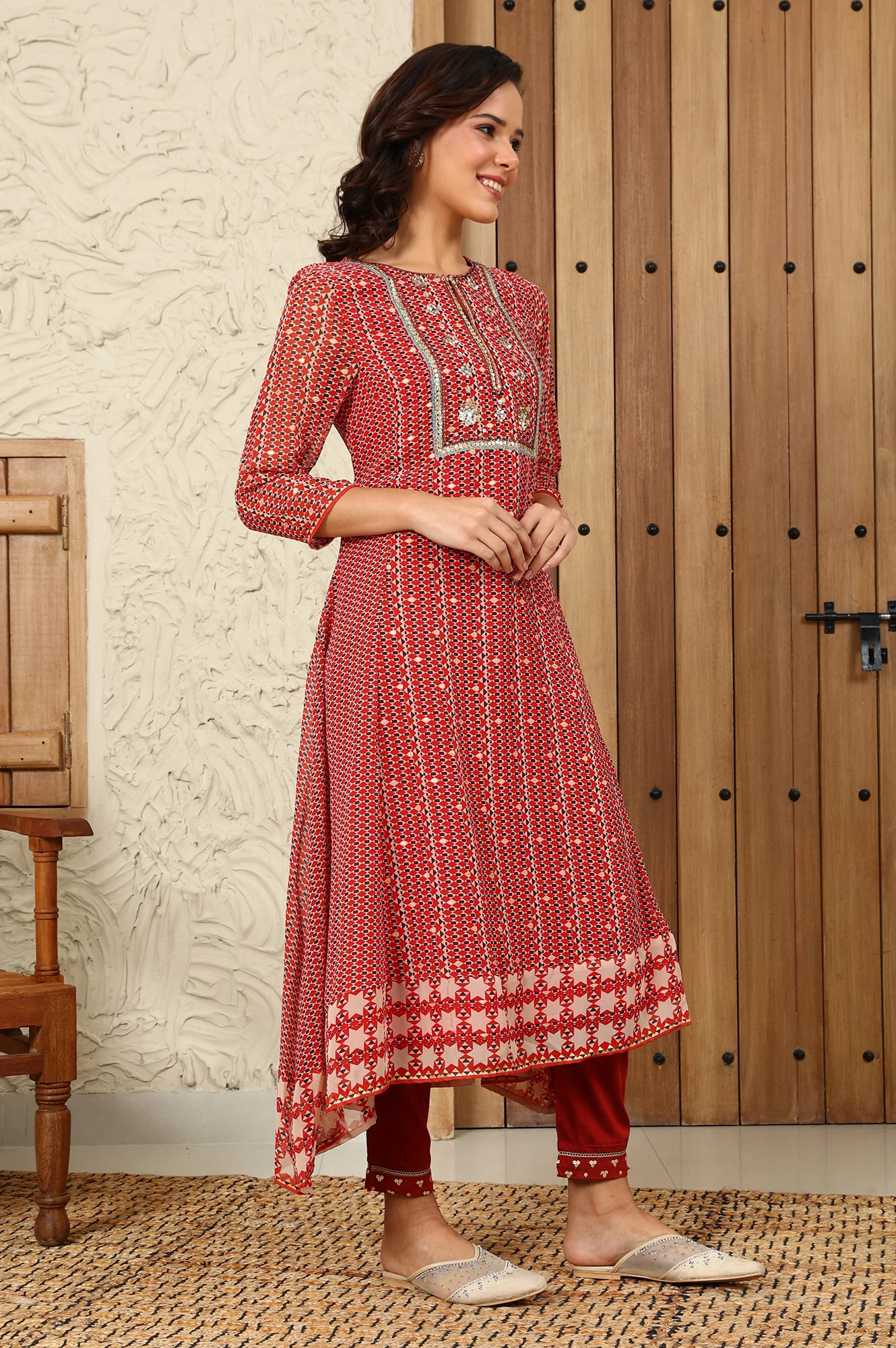 Rust Red Geometric Printed Embroidered Flared Kurta, Pants And Dupatta Set - Image 7