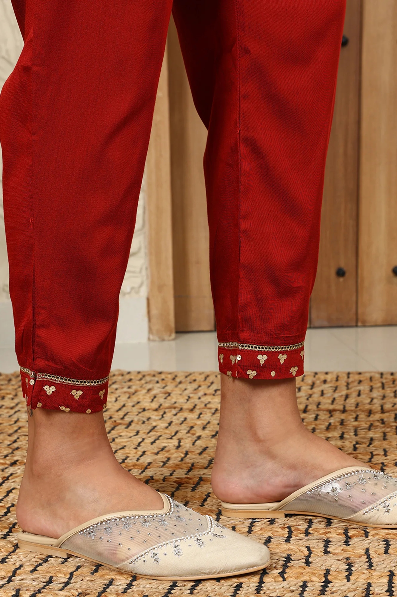 Rust Red Geometric Printed Embroidered Flared Kurta, Pants And Dupatta Set - Image 9