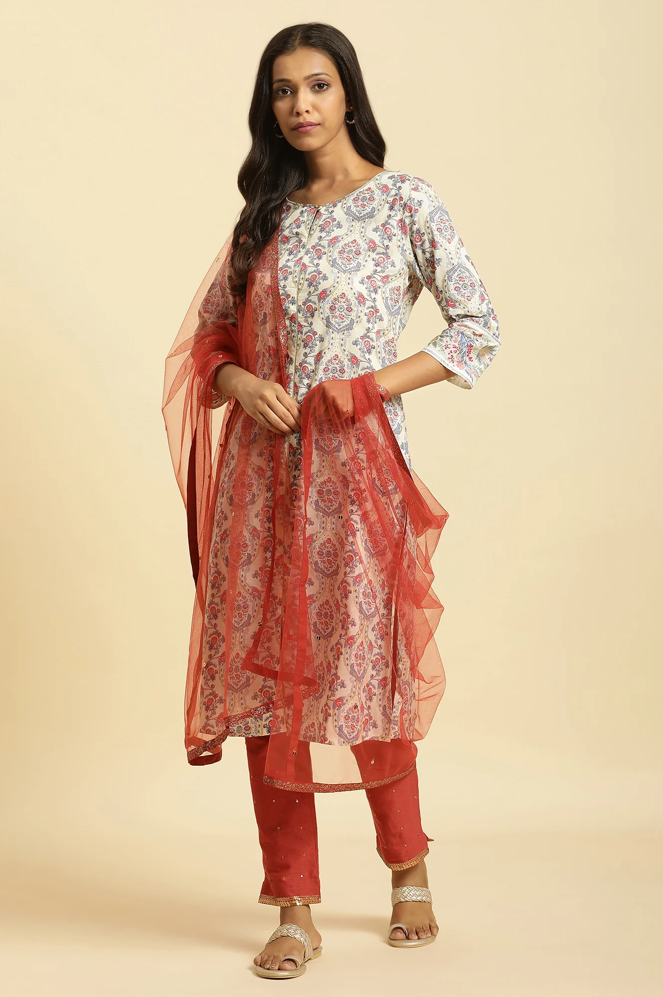 Rust Red Net Dupatta with Glitter Tape Border - Image 2