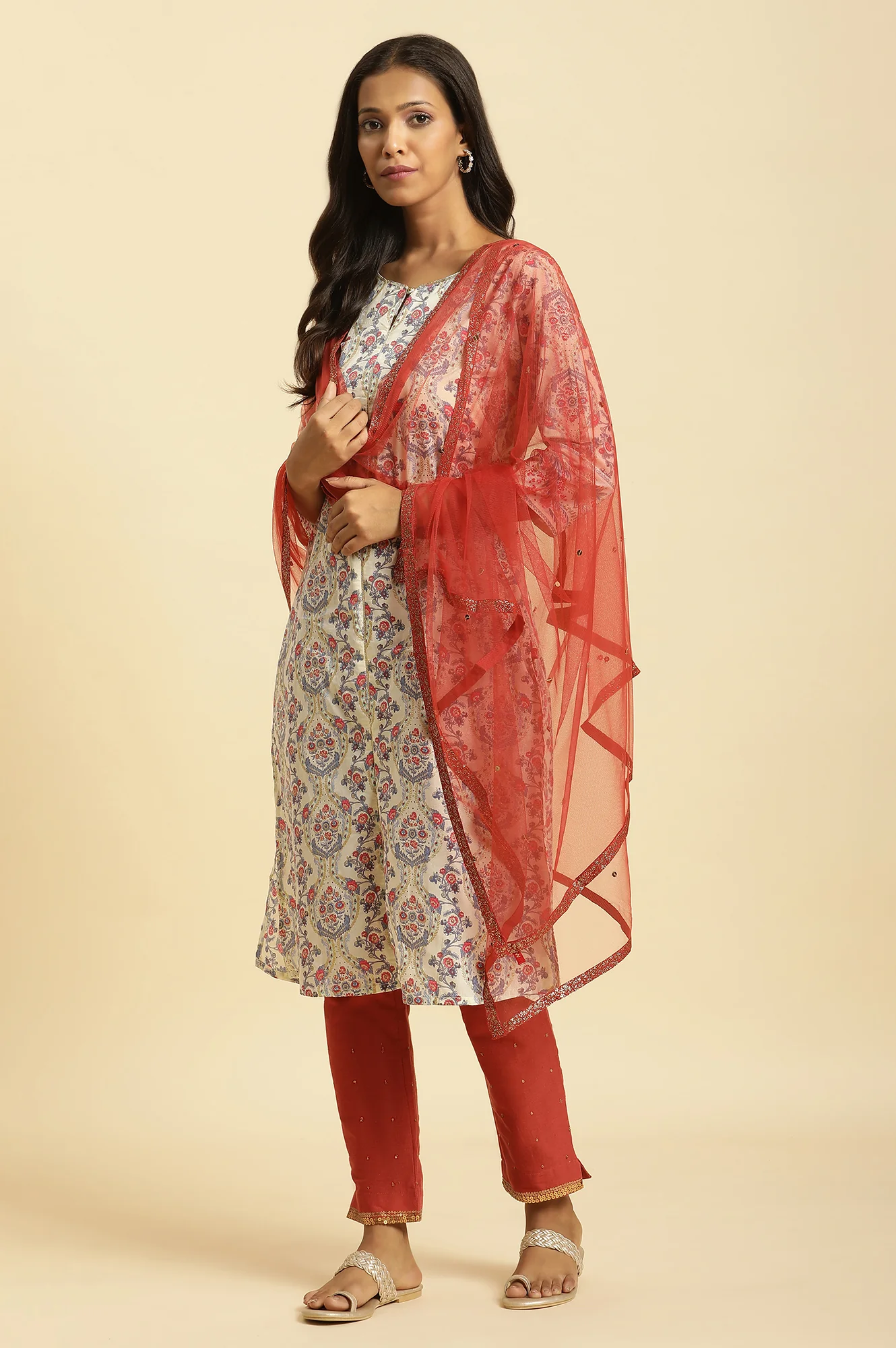 Rust Red Net Dupatta with Glitter Tape Border - Image 3