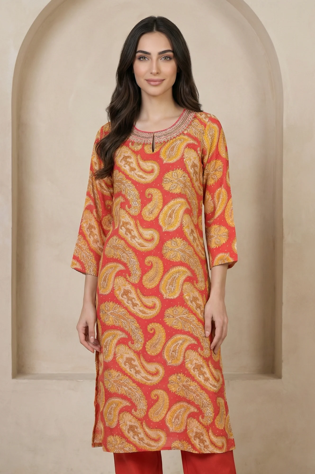 Rust Red Paisley Thread Embroidered Modal Straight Kurta