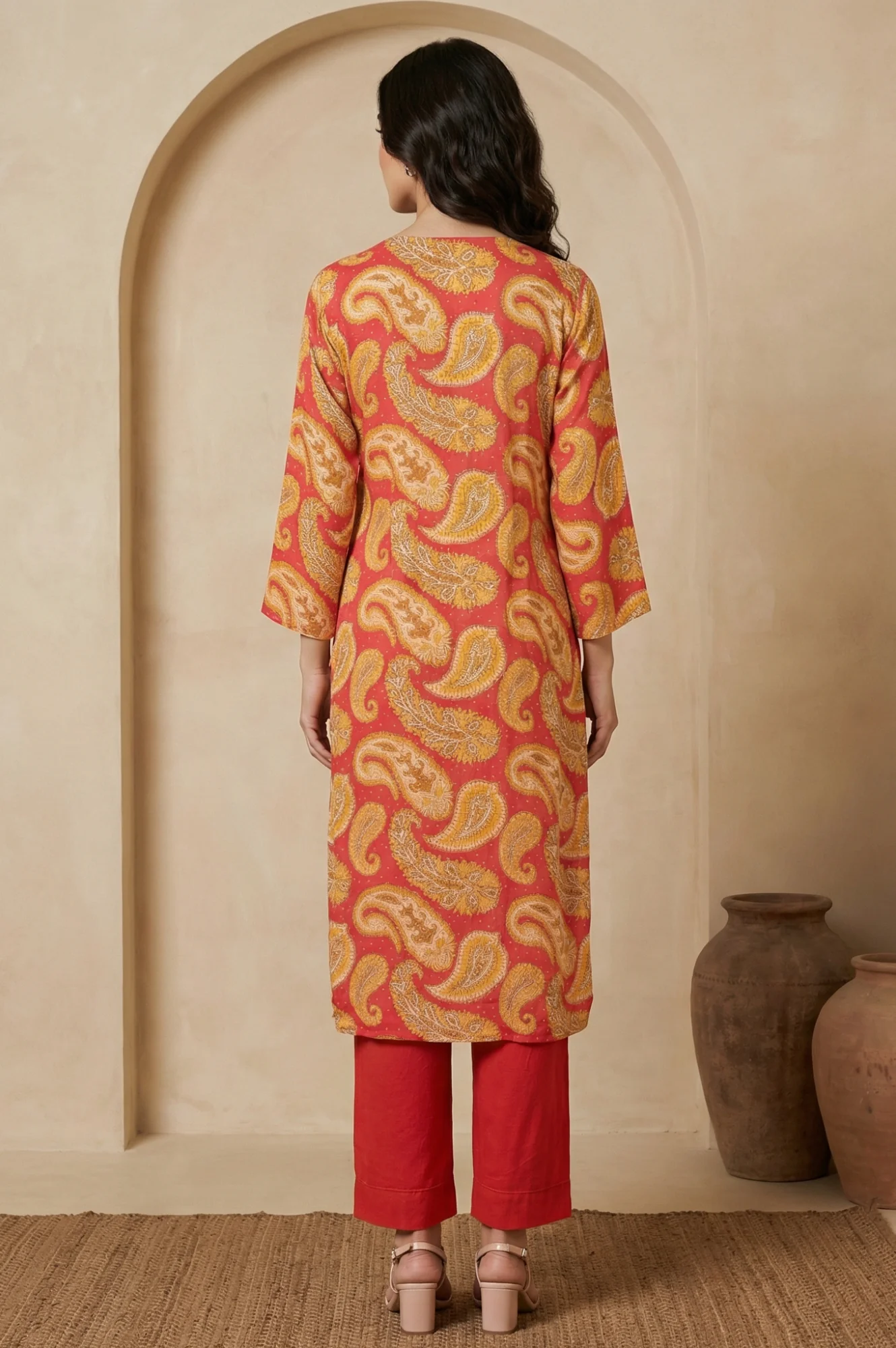 Rust Red Paisley Thread Embroidered Modal Straight Kurta - Image 5