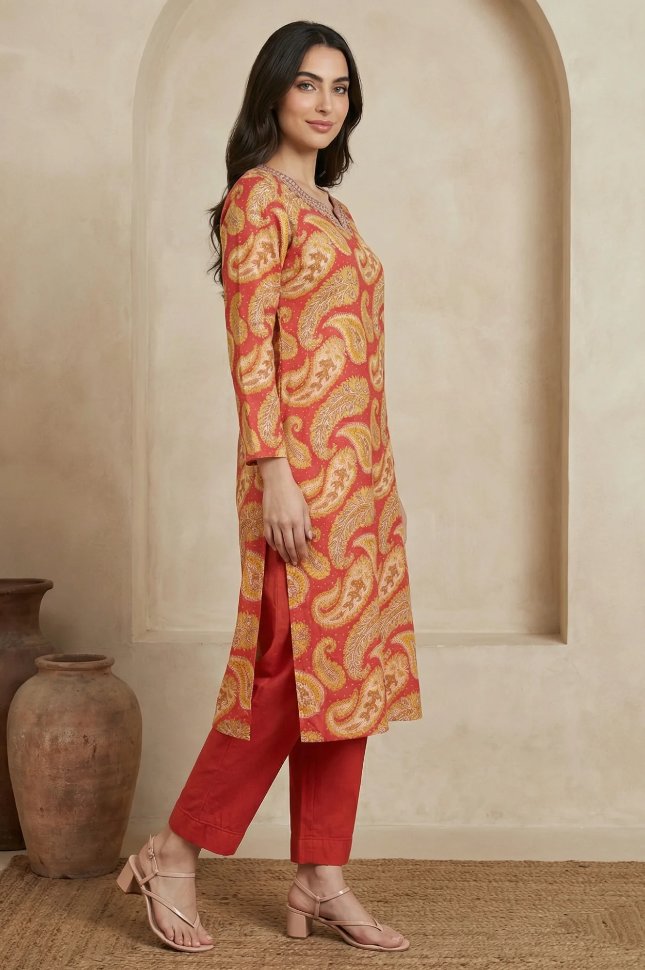 Rust Red Paisley Thread Embroidered Modal Straight Kurta - Image 6