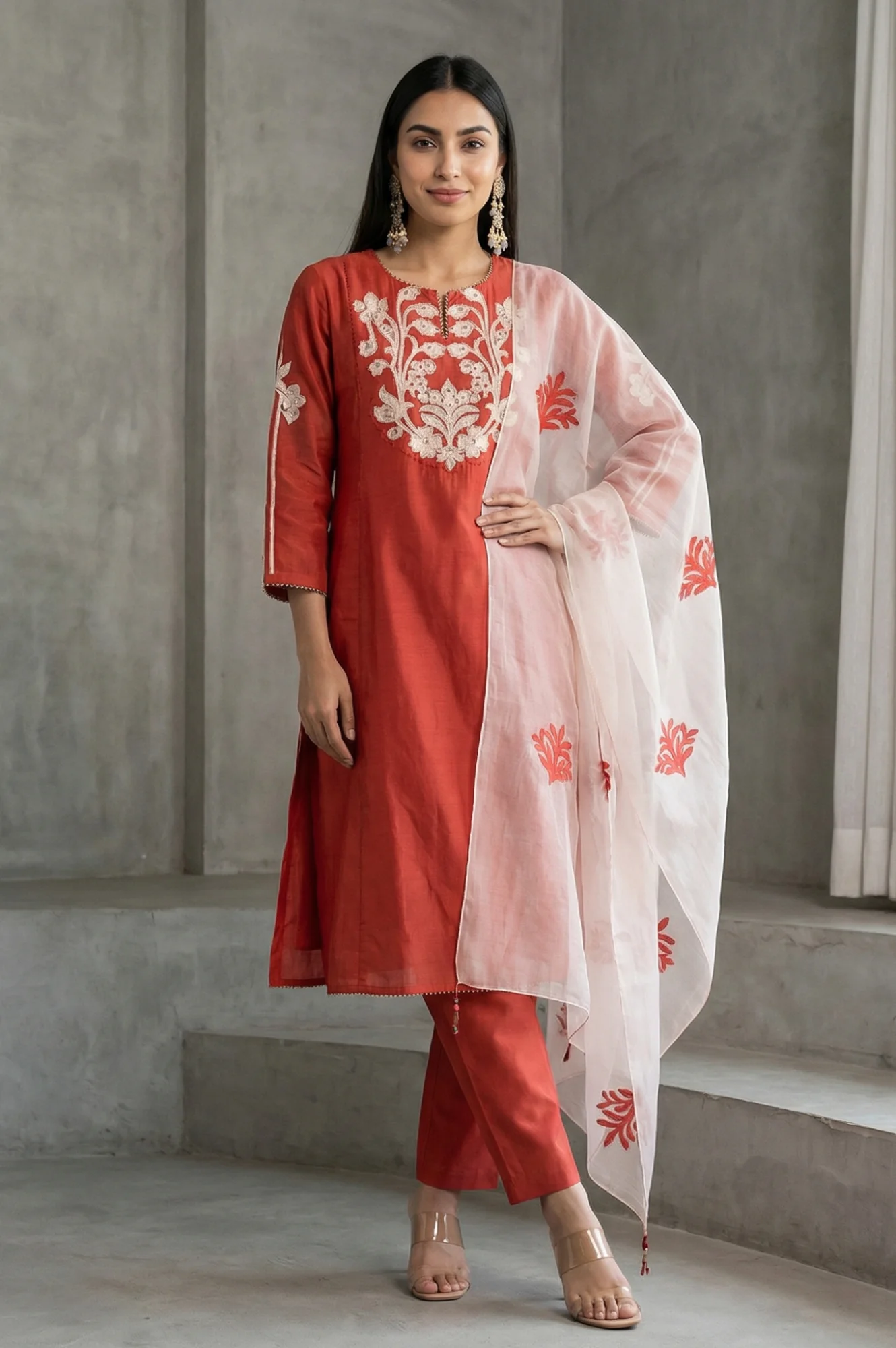 Rust Thread Embroidered Cotton Blend Straight Kurta with Straight Pants and Dupatta Set