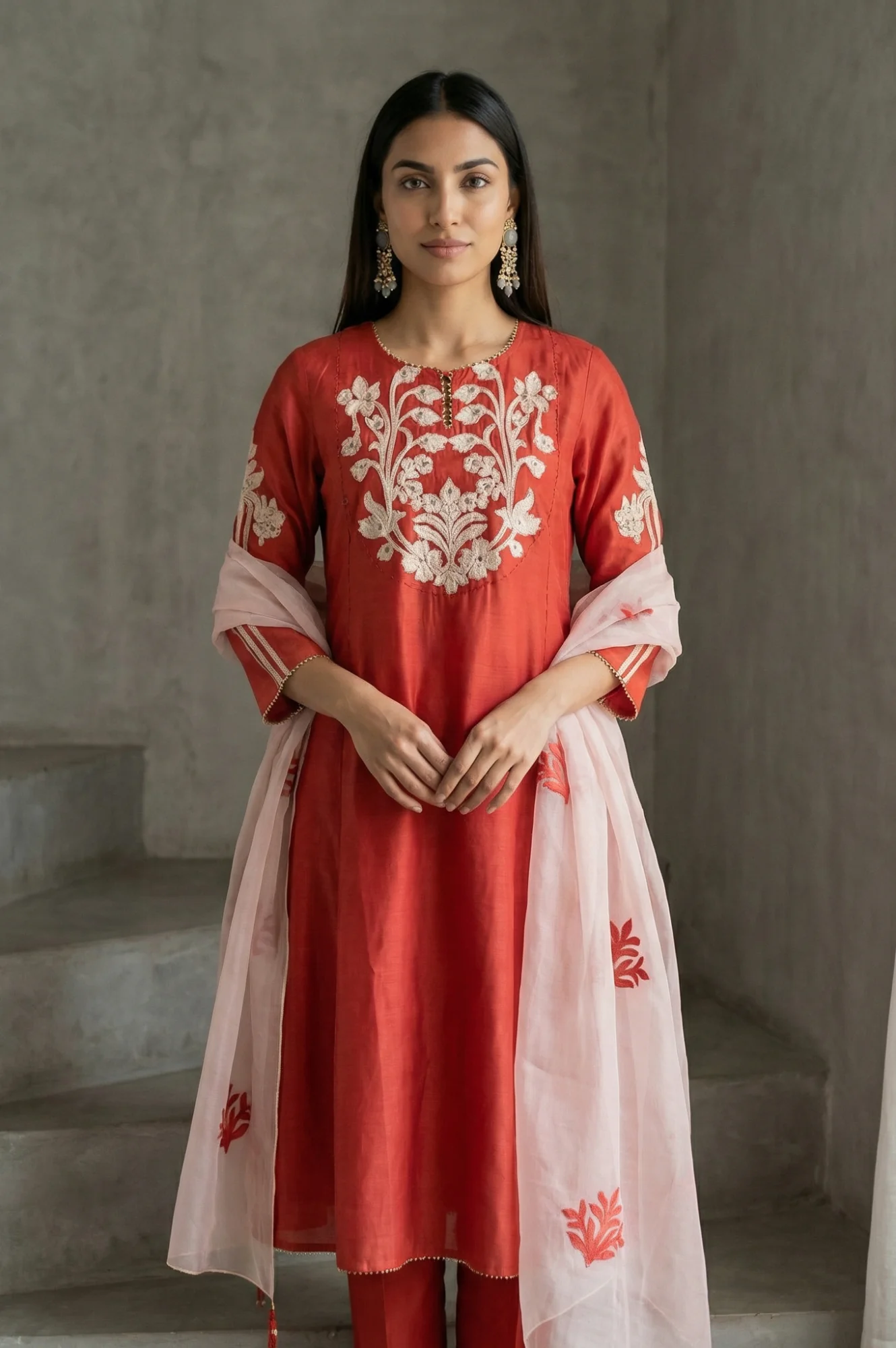 Rust Thread Embroidered Cotton Blend Straight Kurta with Straight Pants and Dupatta Set - Image 3