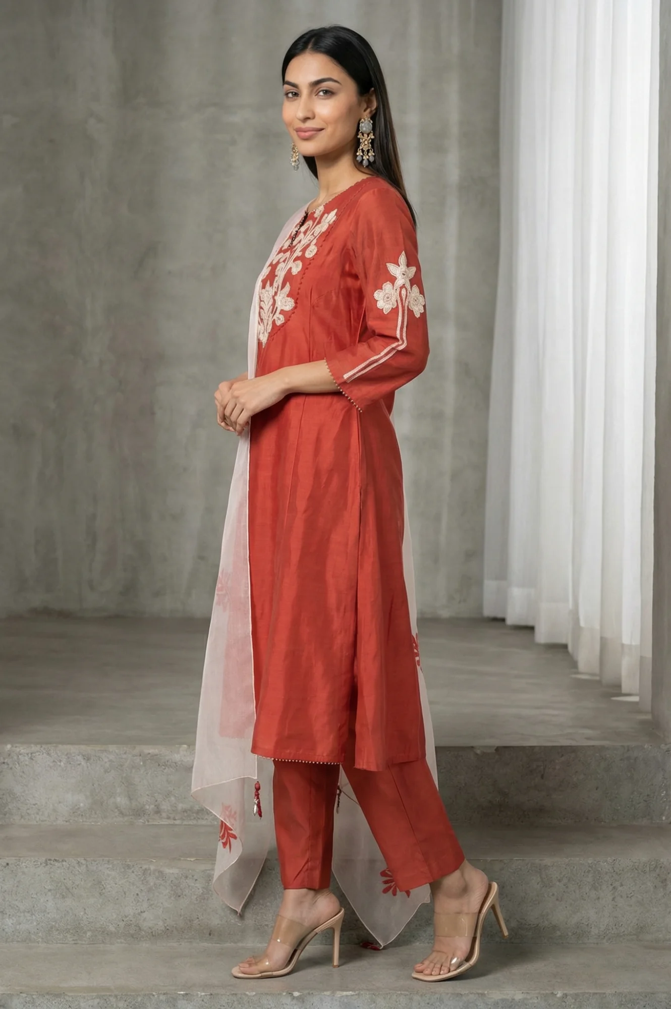 Rust Thread Embroidered Cotton Blend Straight Kurta with Straight Pants and Dupatta Set - Image 4